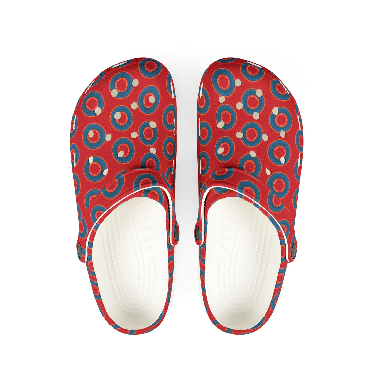 Spatchcocks - donut slip-on shoes - blue rustic donuts w/red background [unisex]