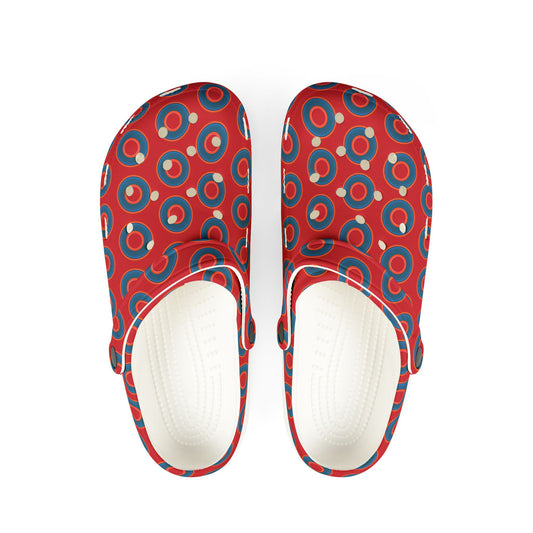 Spatchcocks - donut slip-on shoes - blue rustic donuts w/red background [unisex]