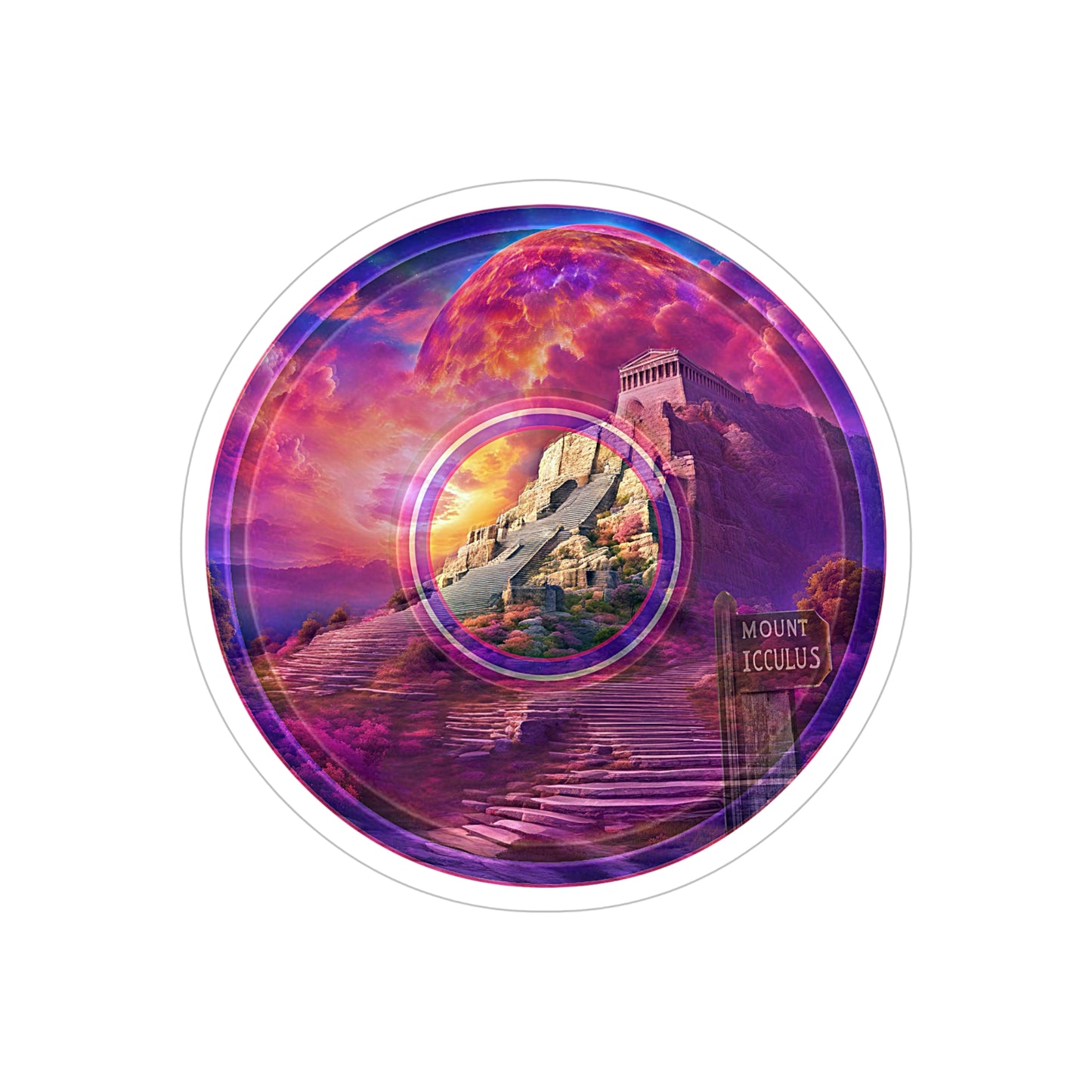 Donut Bumper/Outdoor Sticker - "Icculus Mountain Fresh Donuts" - series 1.0 - purple/magenta picture donut - [Die-Cut] 6"x 6"