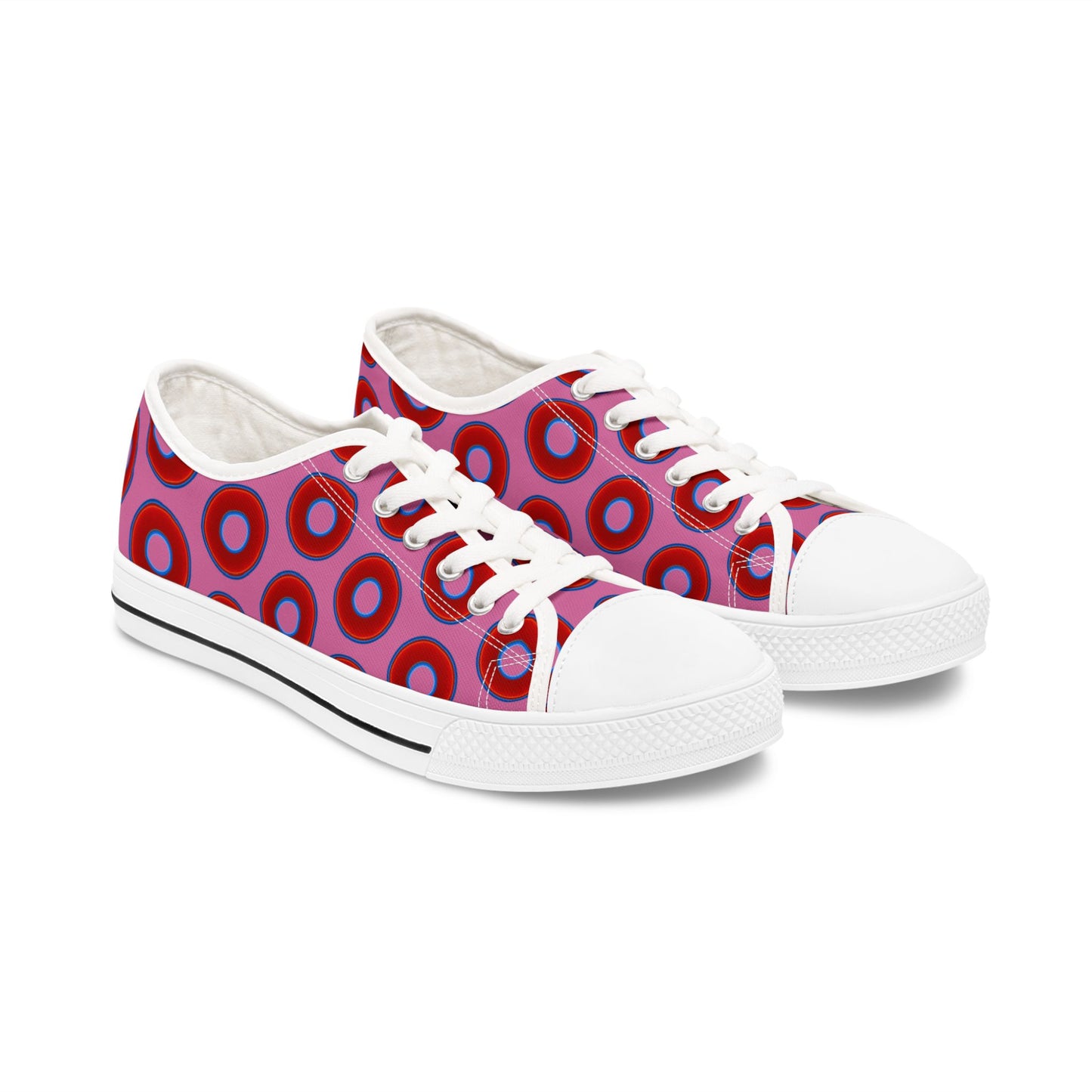 Women's - Low Top Chuck Taylors - large vivid red donut print w/pink background