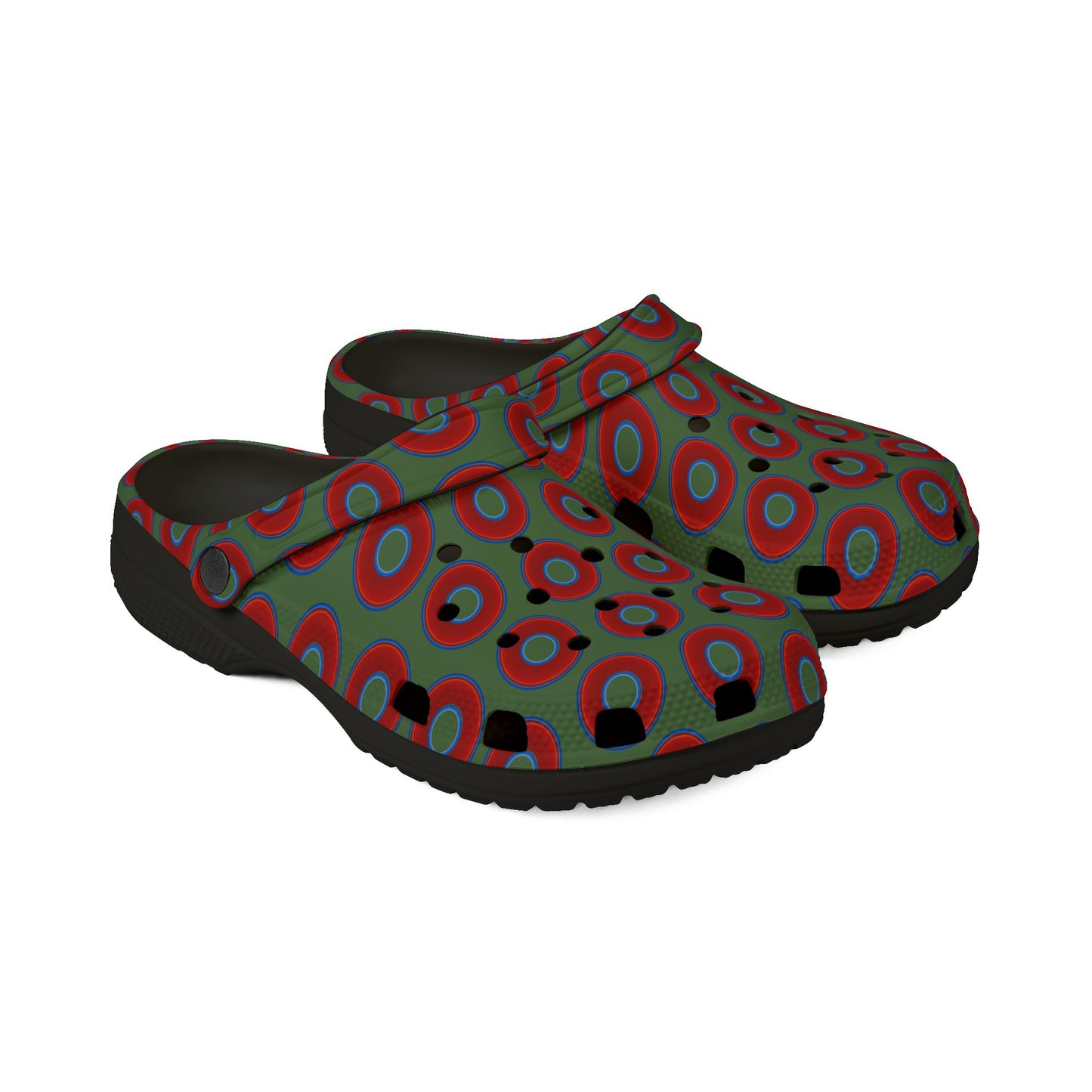 Spatchcocks - donut slip-on shoes - vivid red donuts w/dark green background [unisex]