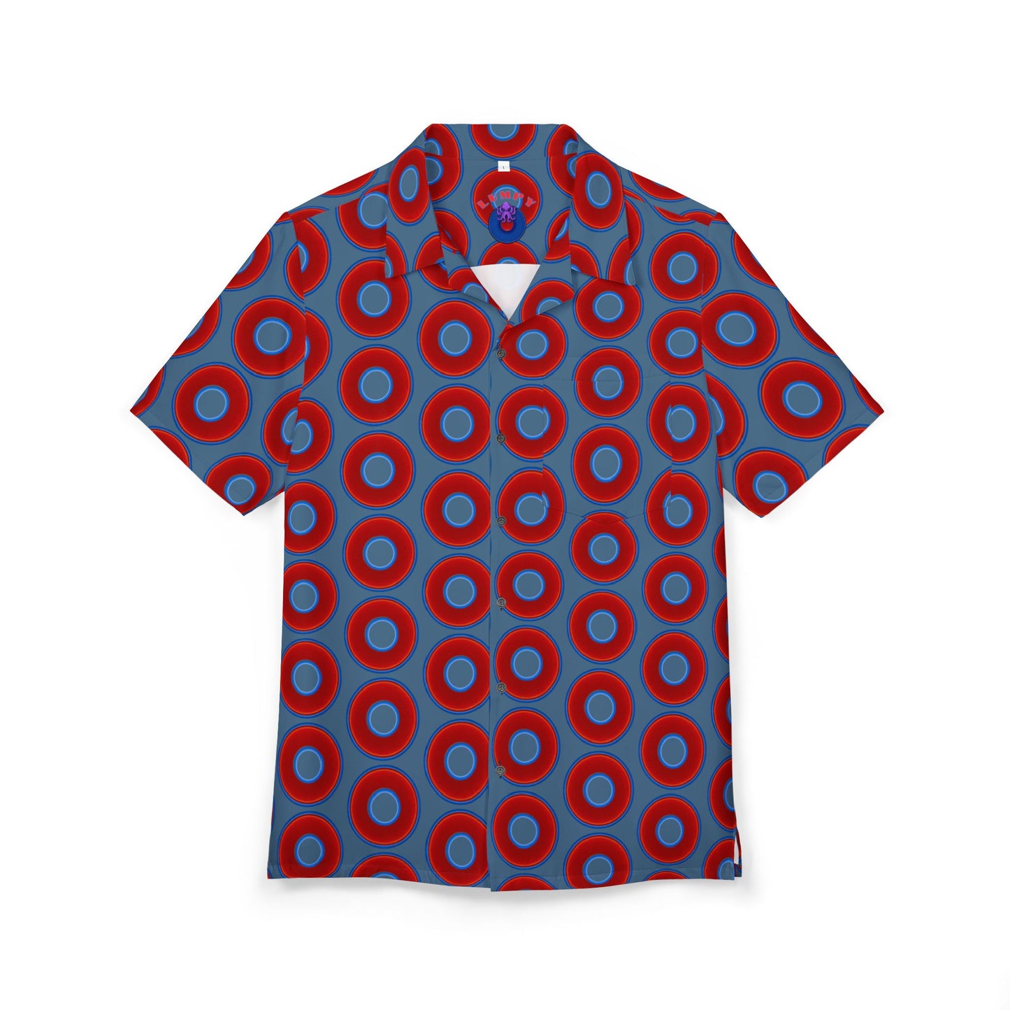 Wilson's 'Epic Hawaiian-Punch' Shirt - vivid red donut print w/steel blue background [unisex]