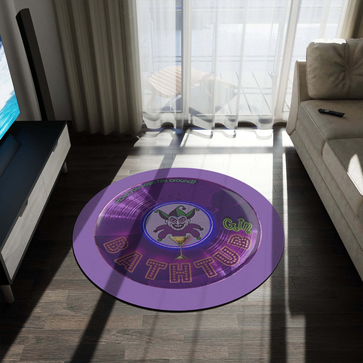 Round Room - 5 ft x 5 ft Lumpy Donut Rug - "Joker's Personal Donut Rug - Troubadour Edition" - vivid purple record donut w/light purple background - variant 2