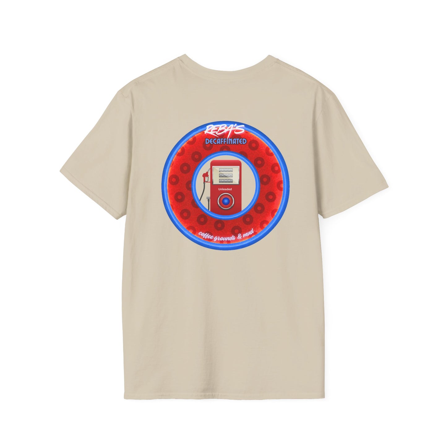 Coffee Traders Tee - Unisex Soft-Style - "Reba's Decaf: Coffee Grounds & Mud " - paradoxical donut - variant 2 - logo front/Reba back