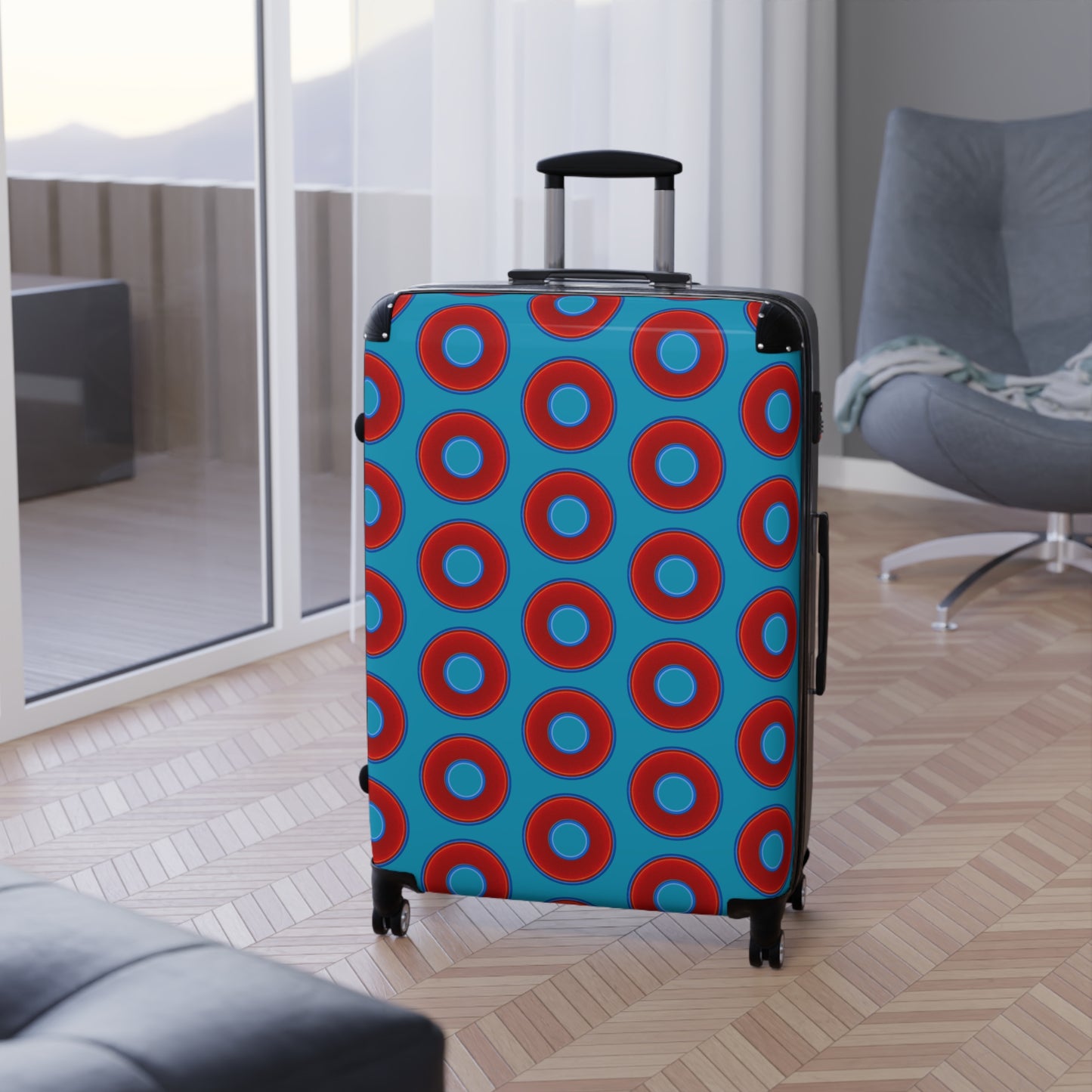 Very Lumpy Donut Suitcase series - your choice of S, M or L - vivid red donut print w/aquamarine blue background