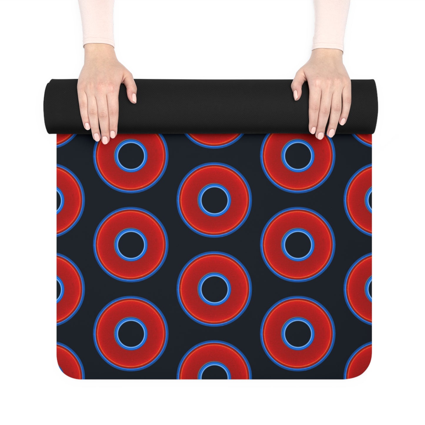 Lumpy Donut Yoga Mat :) - 24″ x 70" - vivid red donut print w/blue charcoal background