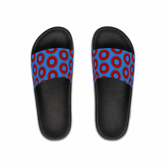 Men's Lumpy Sandals - slip-ons - red vivid donuts w/light royal blue background