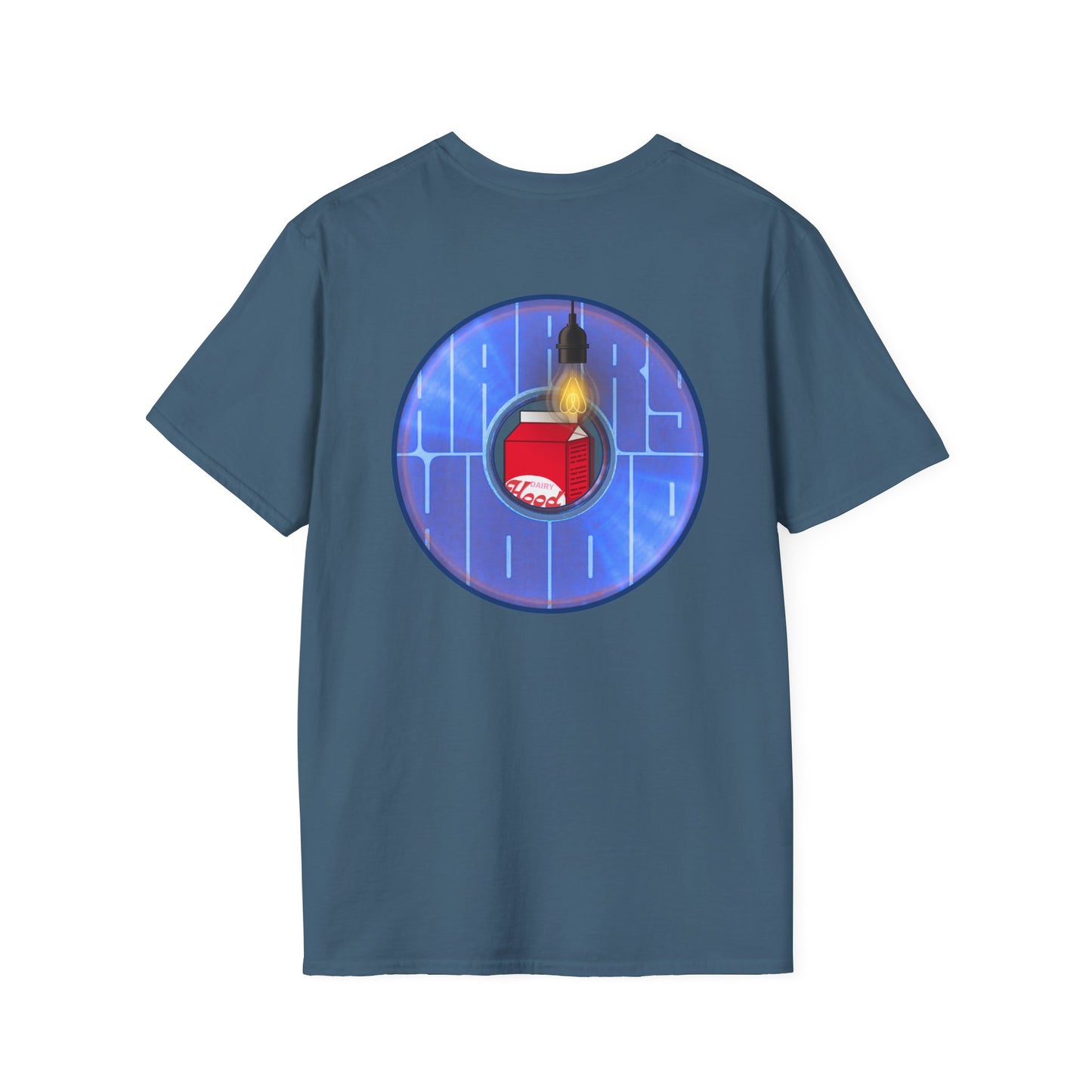 Classic Donut Tee - Unisex Soft-Style - "Harry Left His Shirt" - series 1.0  - variant 4 - purple/blue donut - w/light on
