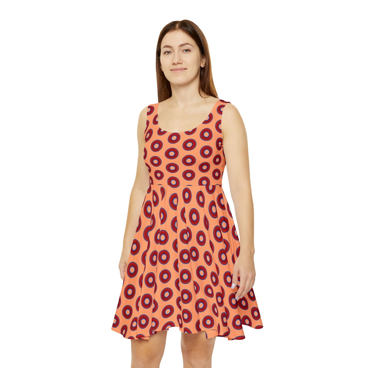 Women's Skater Donut Dress - vivid red donut print w/peach background