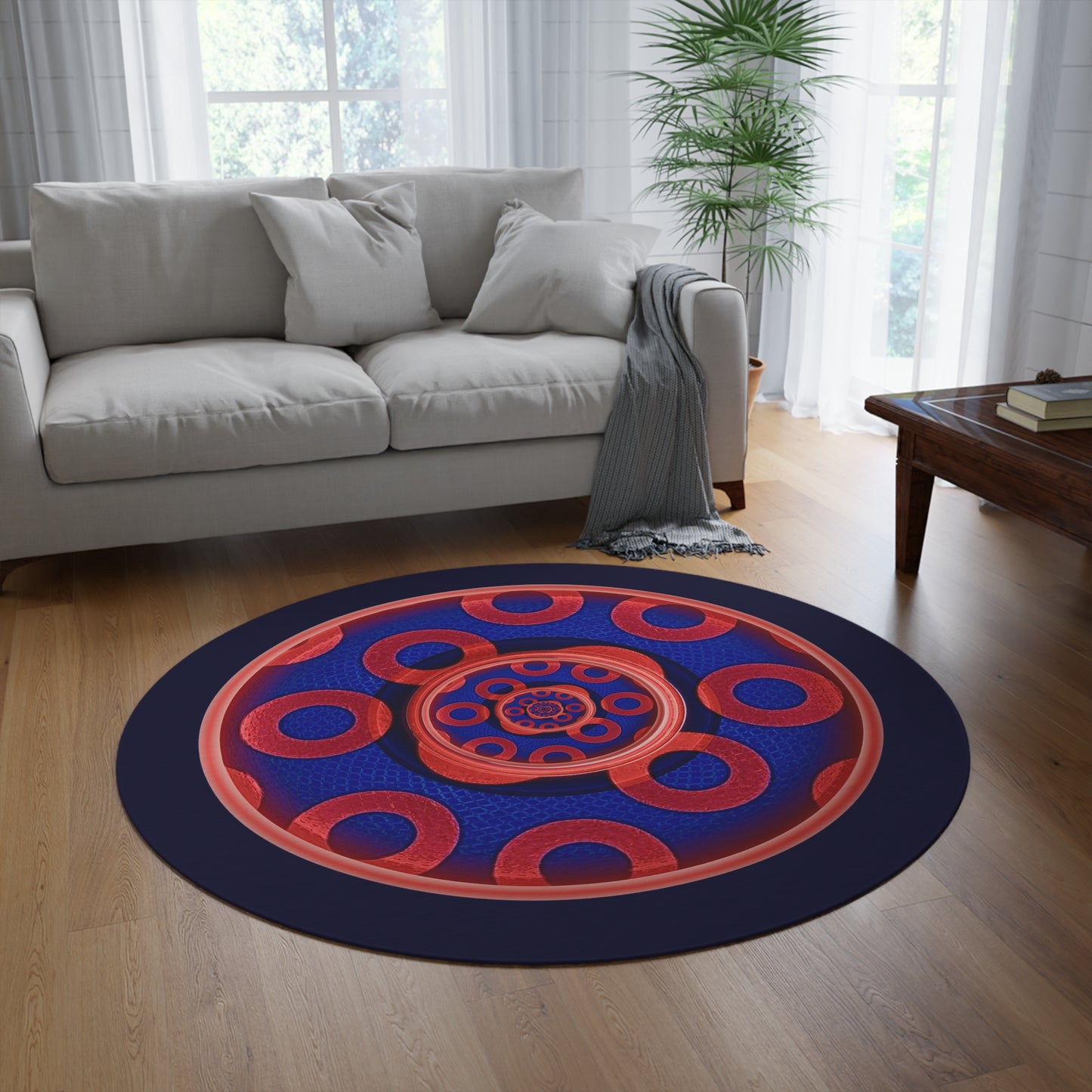 Round Room - 5 ft x 5 ft Lumpy Donut Rug - "Kaleidoscope Paradox Donut " - rustic paradoxical red/blue donut w/midnight blue background - variant 1