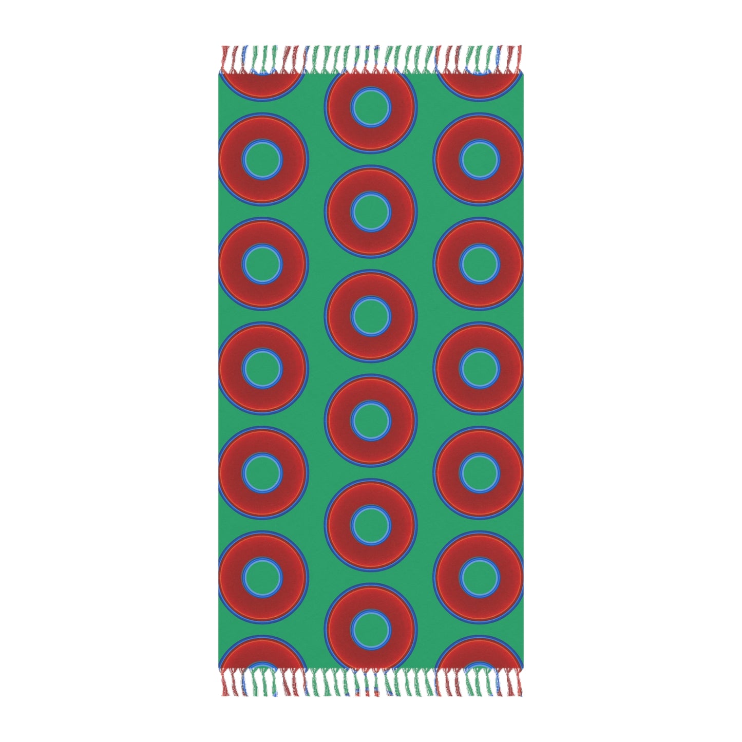Oversized Lumpy Beach Towel - vivid red donuts w/jade green background
