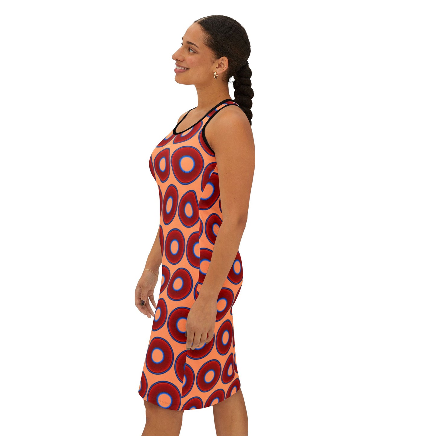Tela's Lumpy Racerback Donut Dress - red vivid donut print w/peach background