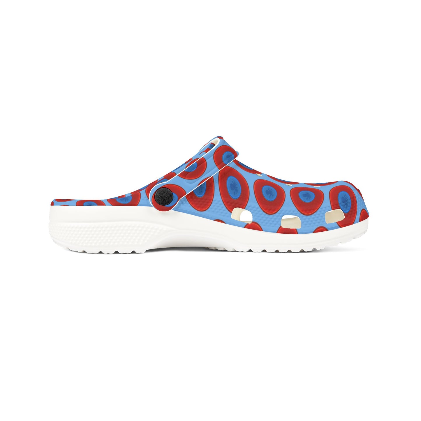 Spatchcocks - donut slip-on shoes - "Roger Moore's Octopussy Donut" - red vivid donuts w/light blue background [unisex]
