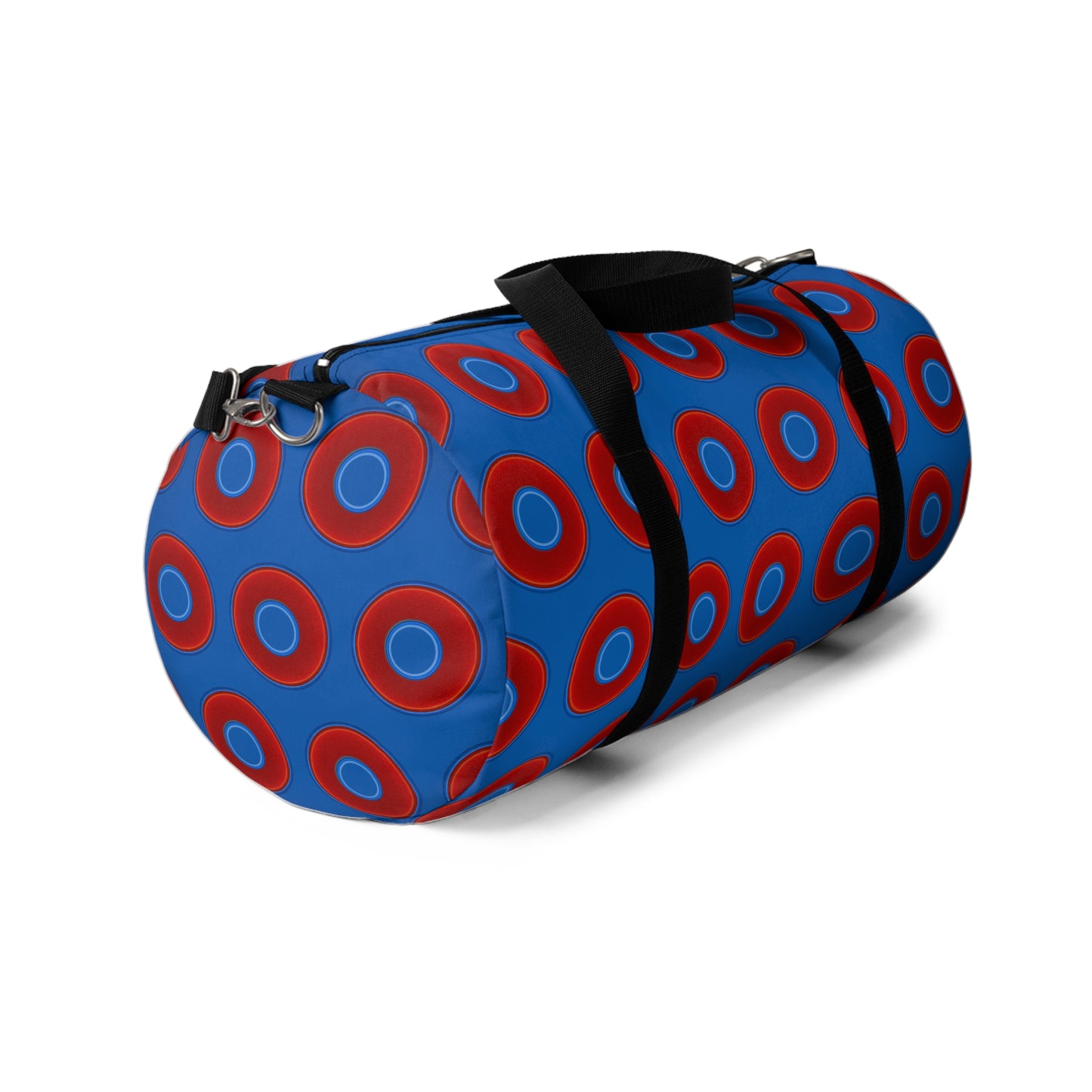 Lumpy Duffel - vivid red donuts w/dark royal blue background