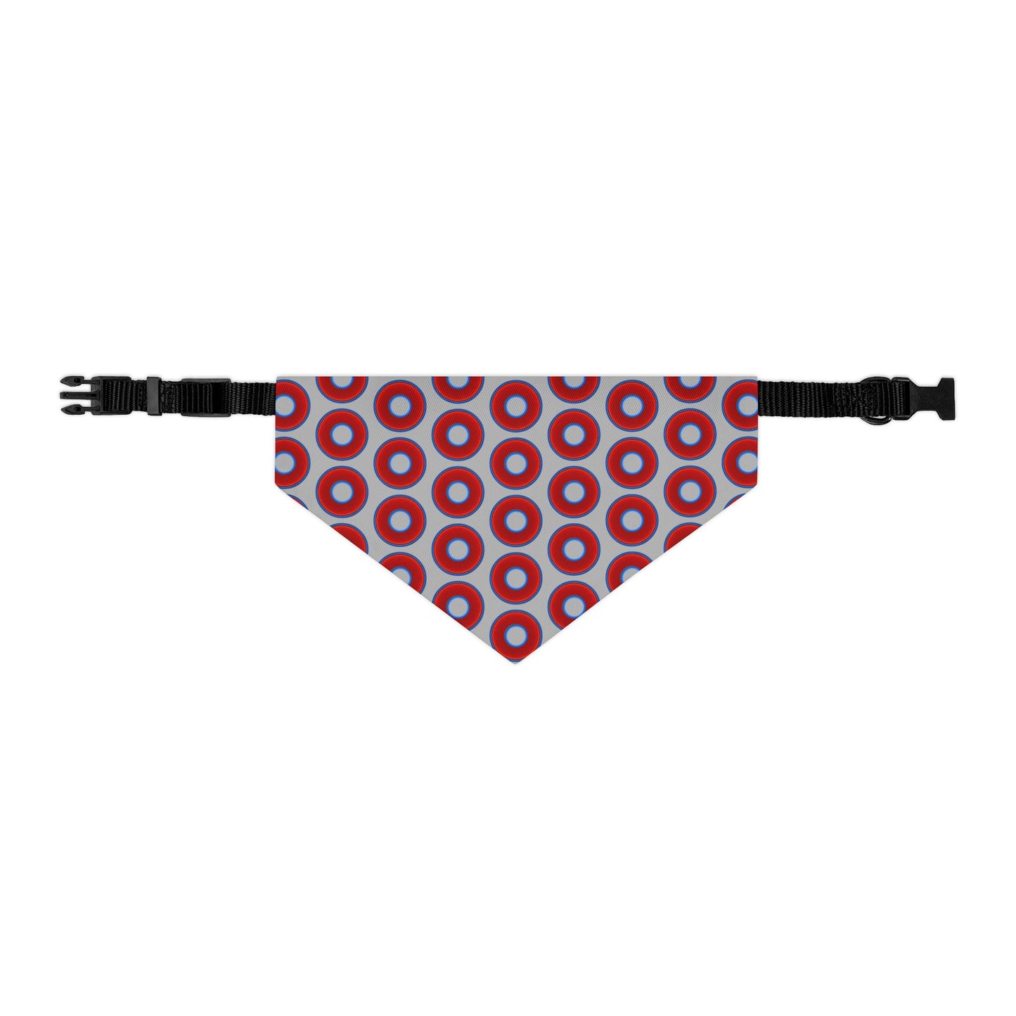 Jim's Lumpy Bandana Pet Collar - vivid red donuts w/light gray background