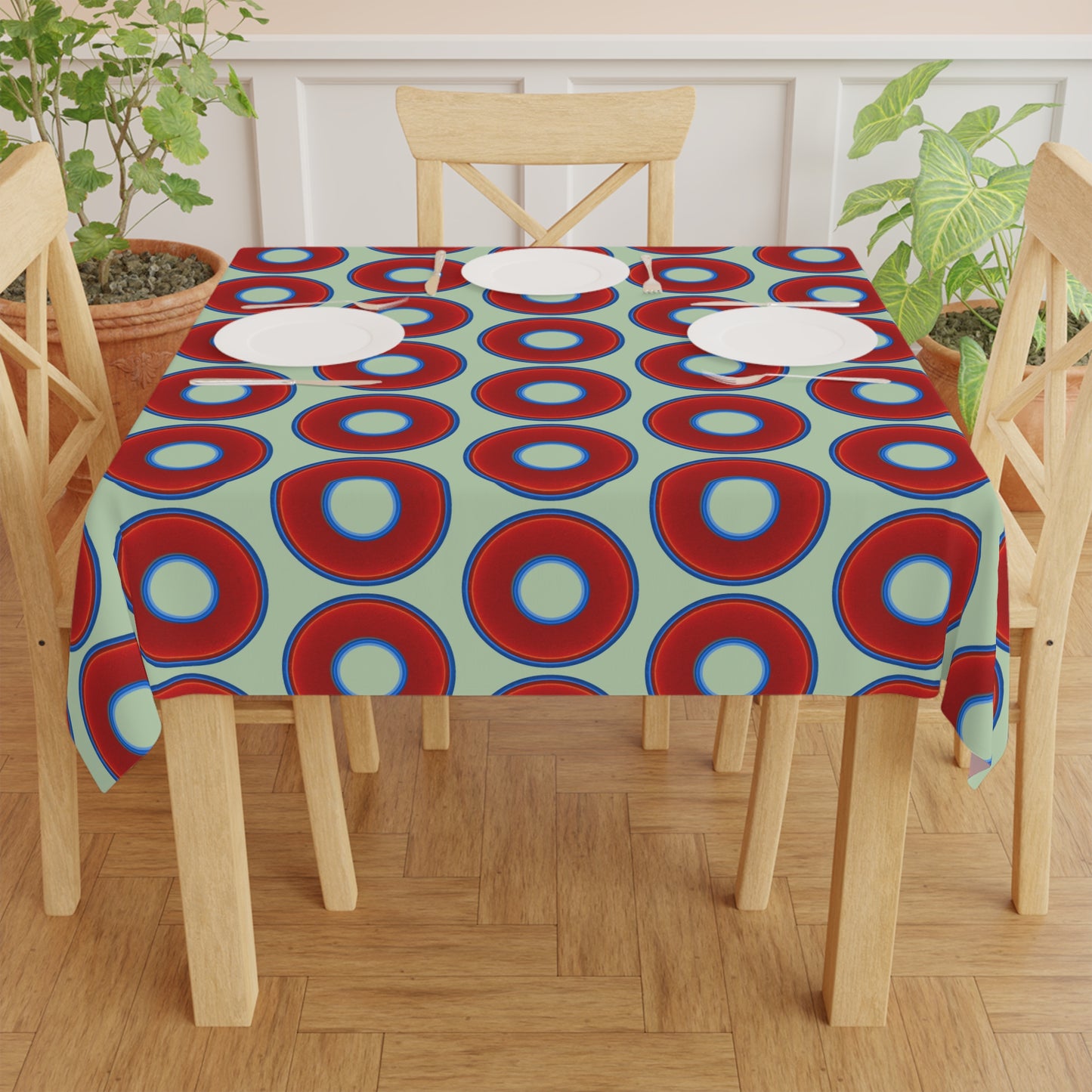 Lumpy Tablecloth - 55.1" x 55.1" - vivid red donuts w/seafoam background
