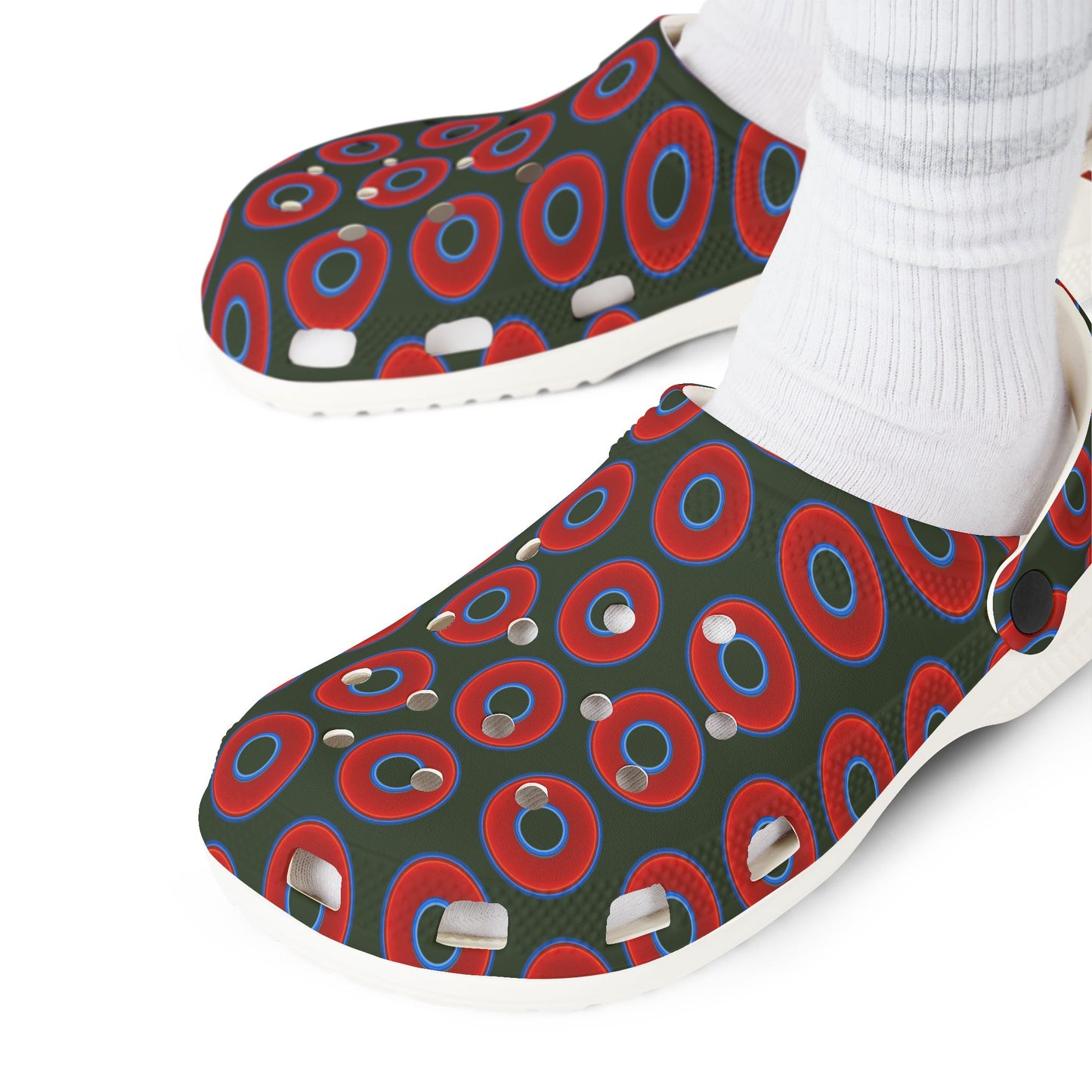 Spatchcocks - donut slip-on shoes - vivid red donuts w/deep forest green background [unisex]