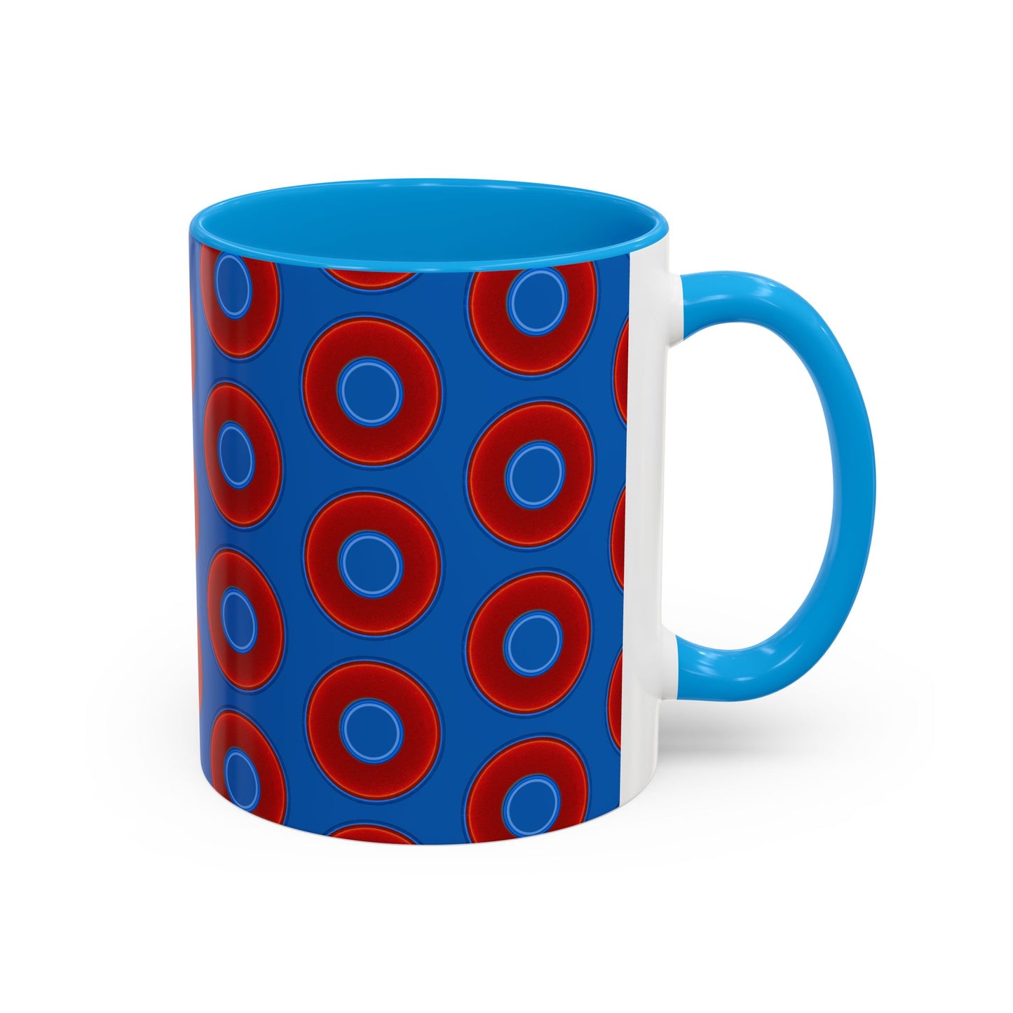 Lump's Grumpy Coffee Mug - vivid red donuts w/dark royal blue background