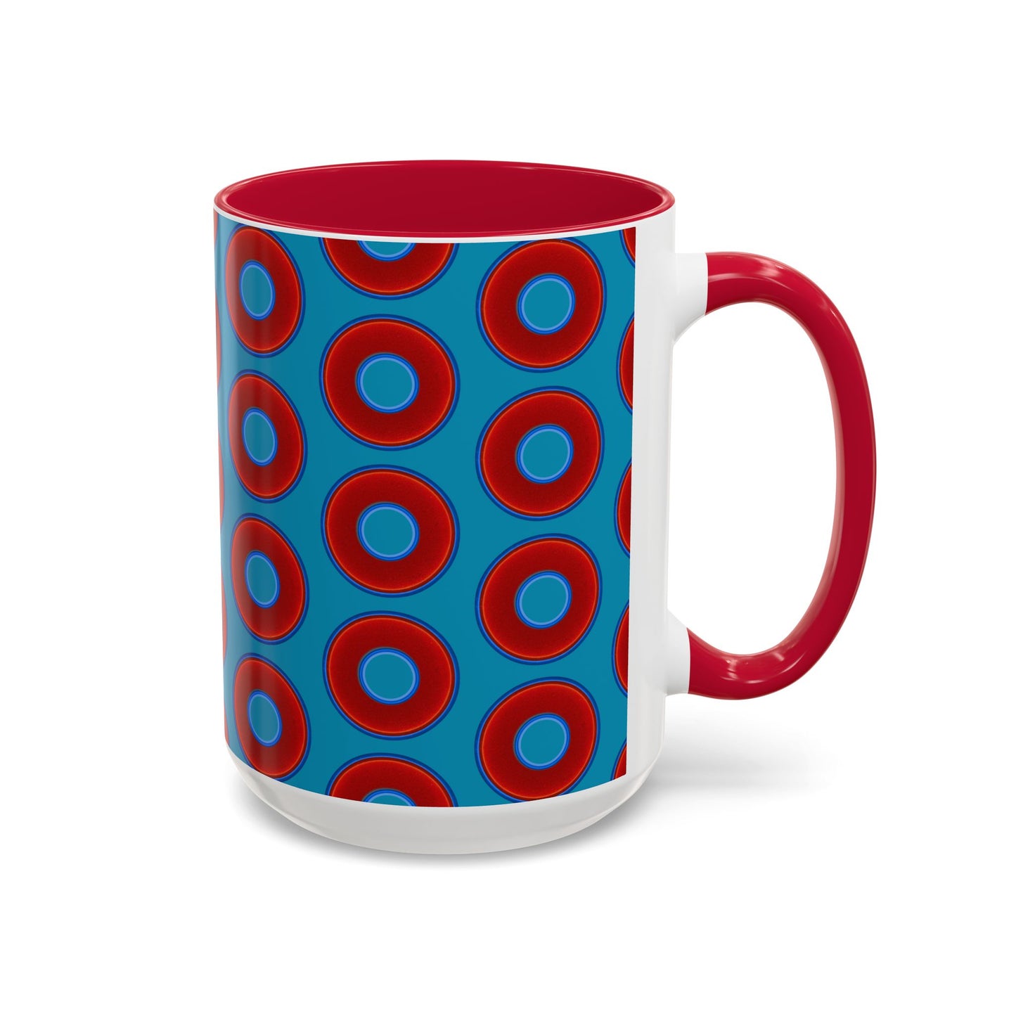 Lump's Grumpy Coffee Mug - vivid red donuts w/aquamarine blue background