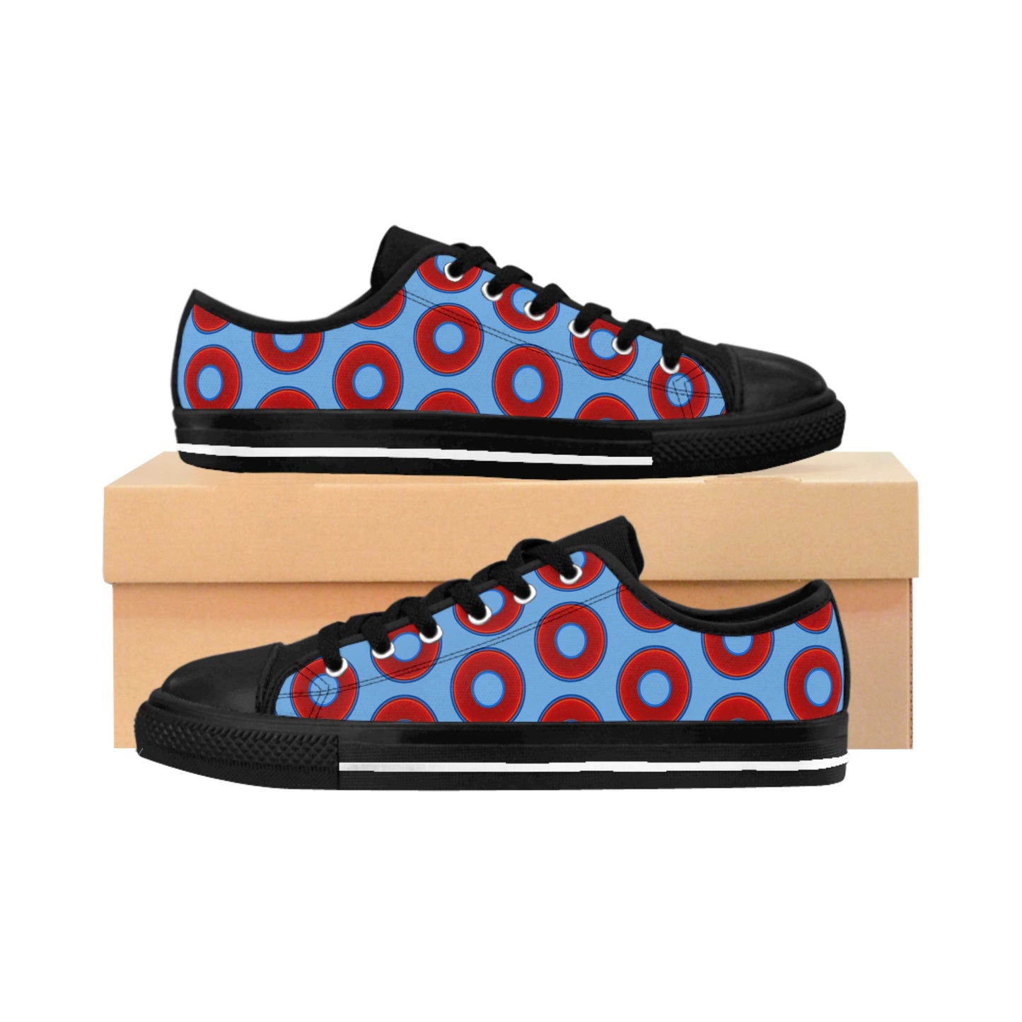 Men's Cushiony Convectors - Low Top - large red vivid donut print w/light blue background