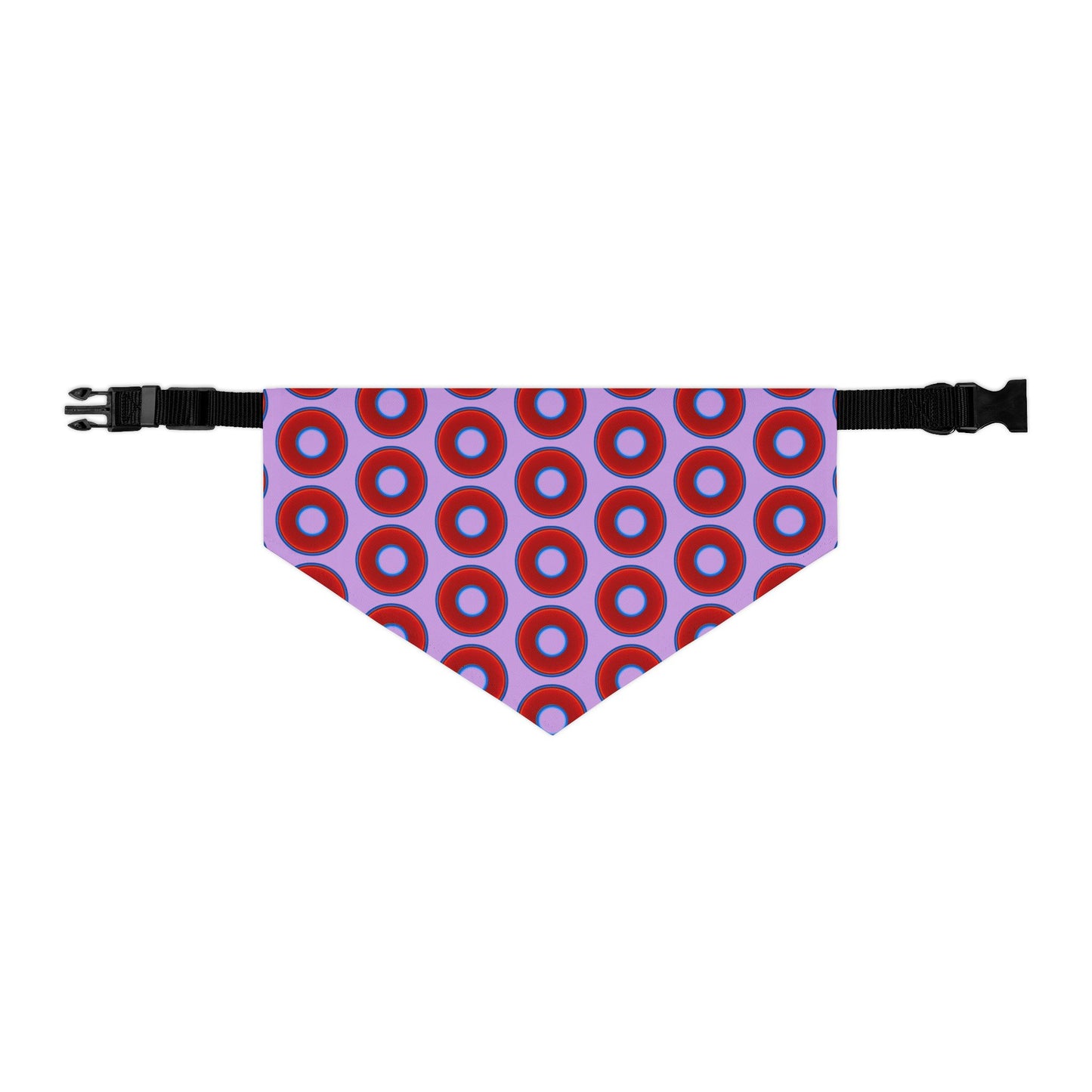 Jim's Lumpy Bandana Pet Collar - vivid red donuts w/wisteria purple background