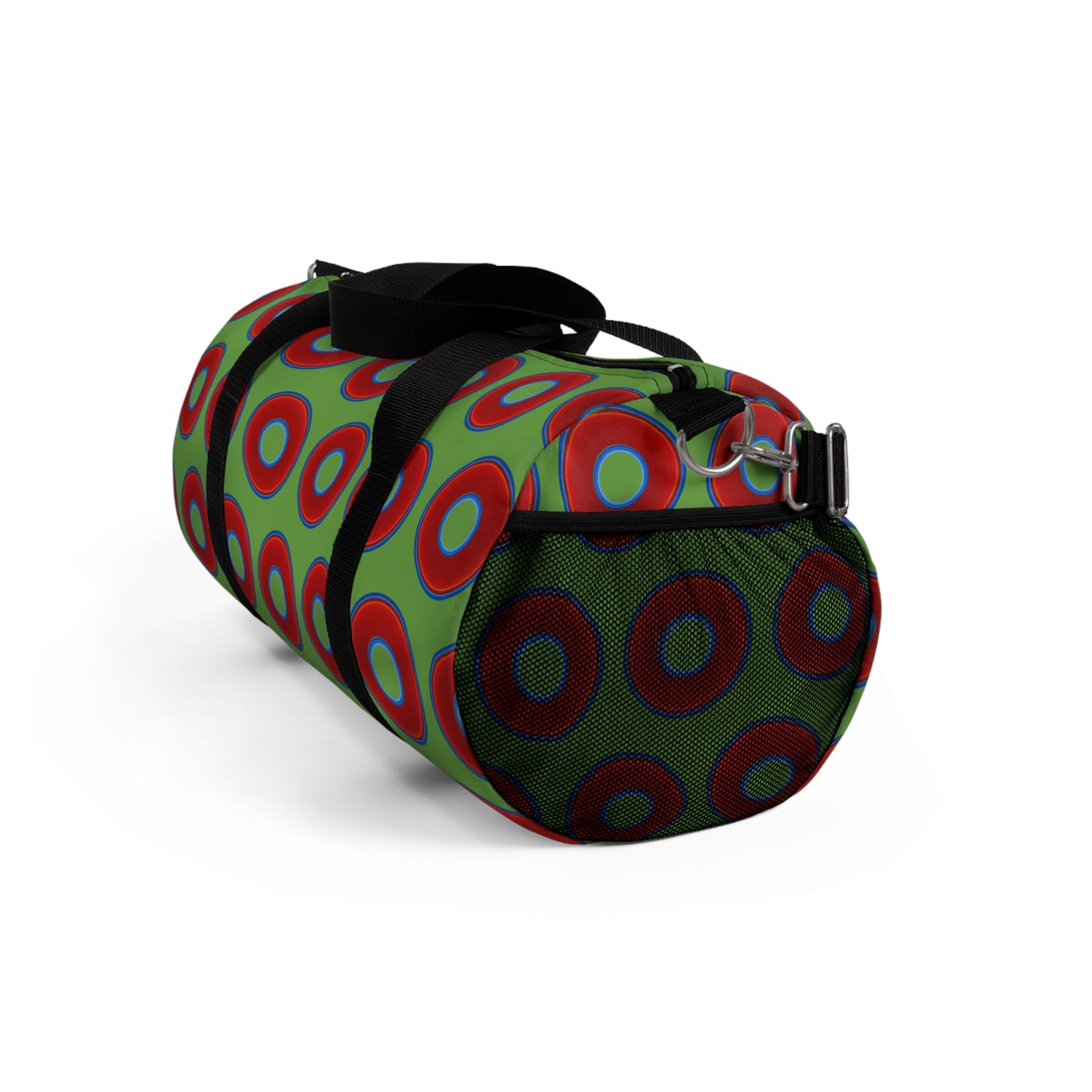 Lumpy Duffel - vivid red donuts w/light green background