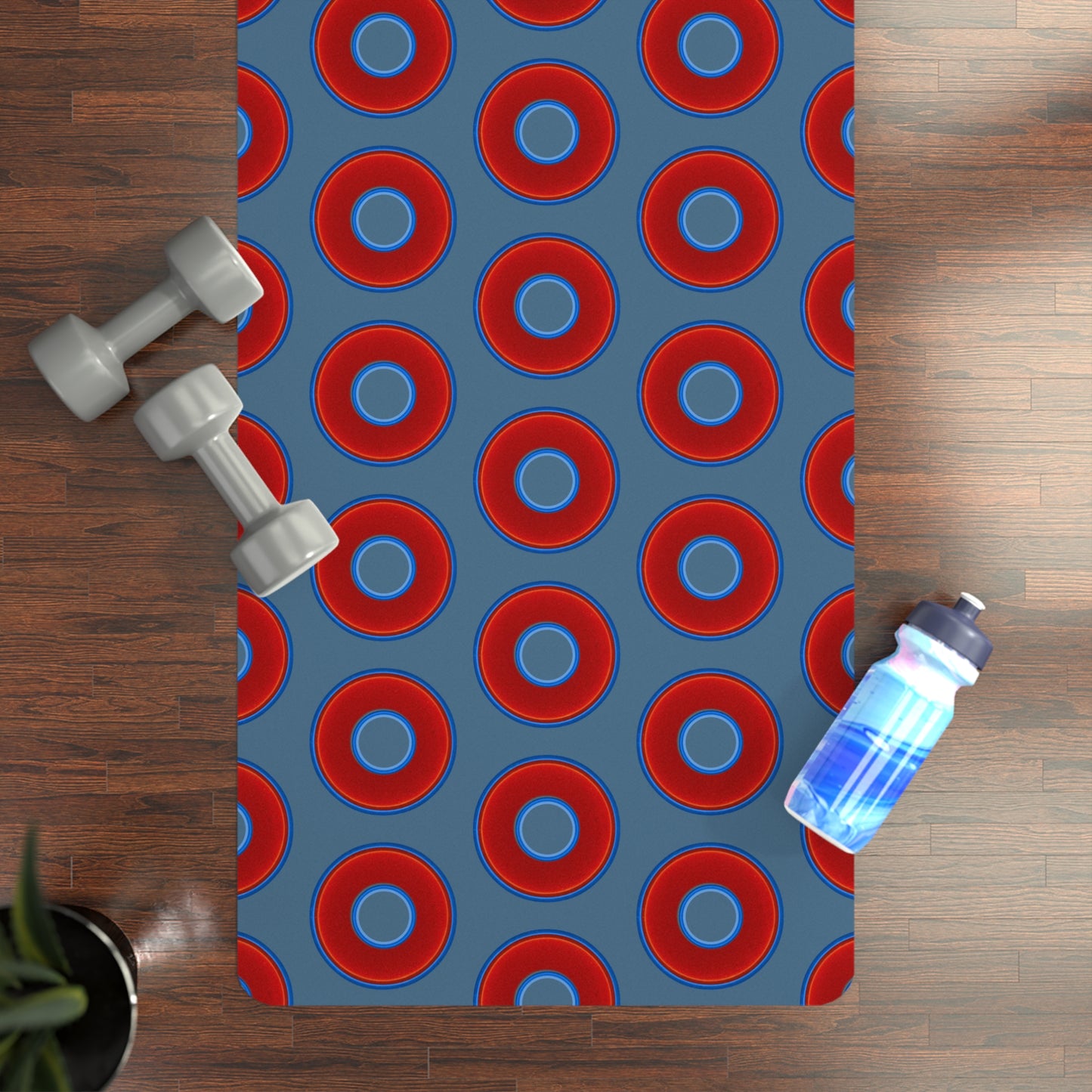 Lumpy Donut Yoga Mat :) - 24″ x 70" - vivid red donut print w/steel blue background