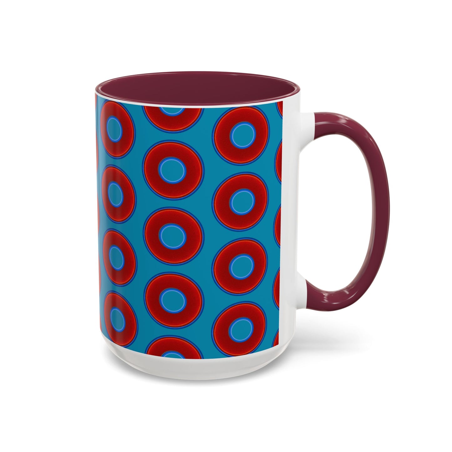 Lump's Grumpy Coffee Mug - vivid red donuts w/aquamarine blue background