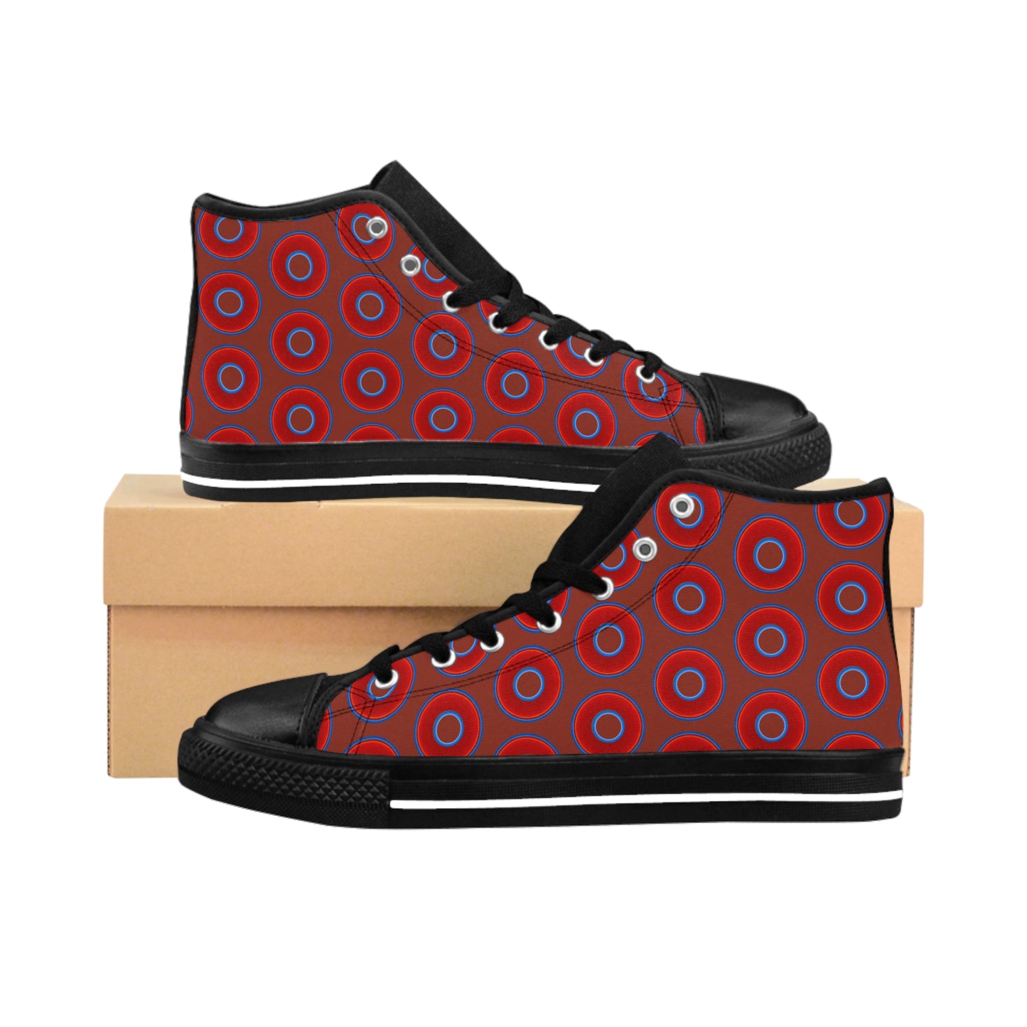 Men's Cushiony Convectors - High Tops - red vivid donuts w/burnt umber background