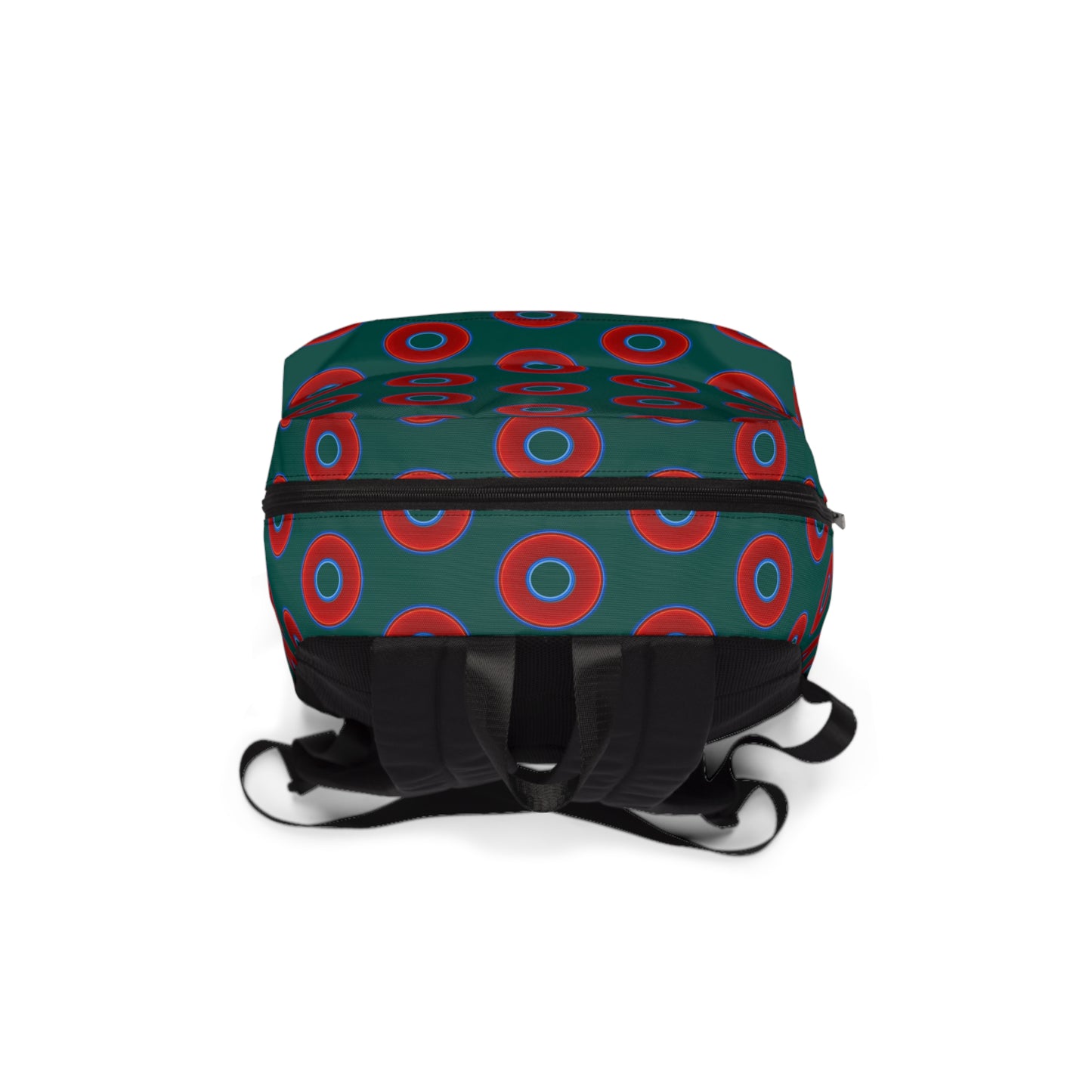 Donut Backpack - red vivid donuts w/dark grayish green background