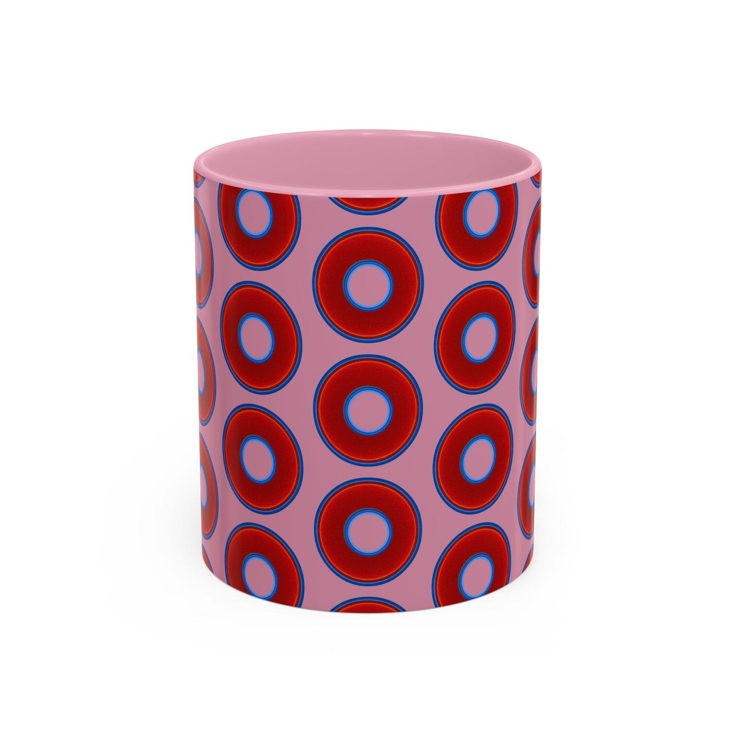 Lump's Grumpy Coffee Mug - vivid red donuts w/pink background