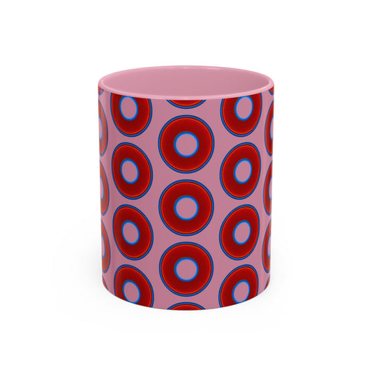 Lump's Grumpy Coffee Mug - vivid red donuts w/pink background