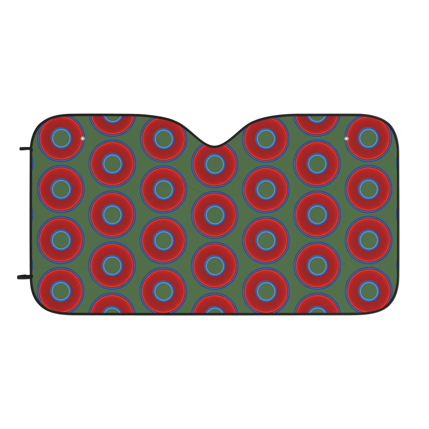 Automotive Donut Sun Shade - red vivid donuts w/dark green background