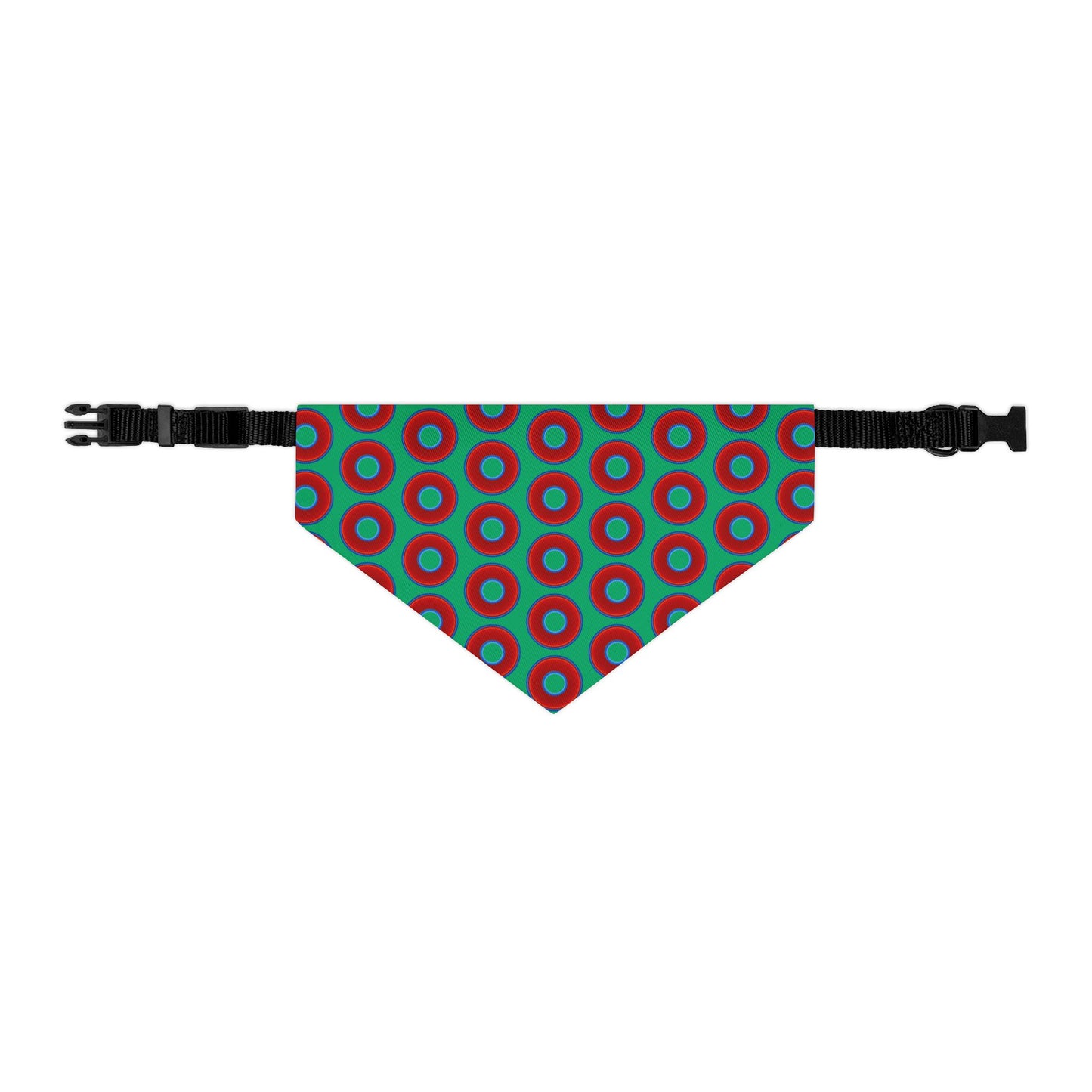 Jim's Lumpy Bandana Pet Collar - vivid red donuts w/jade green background