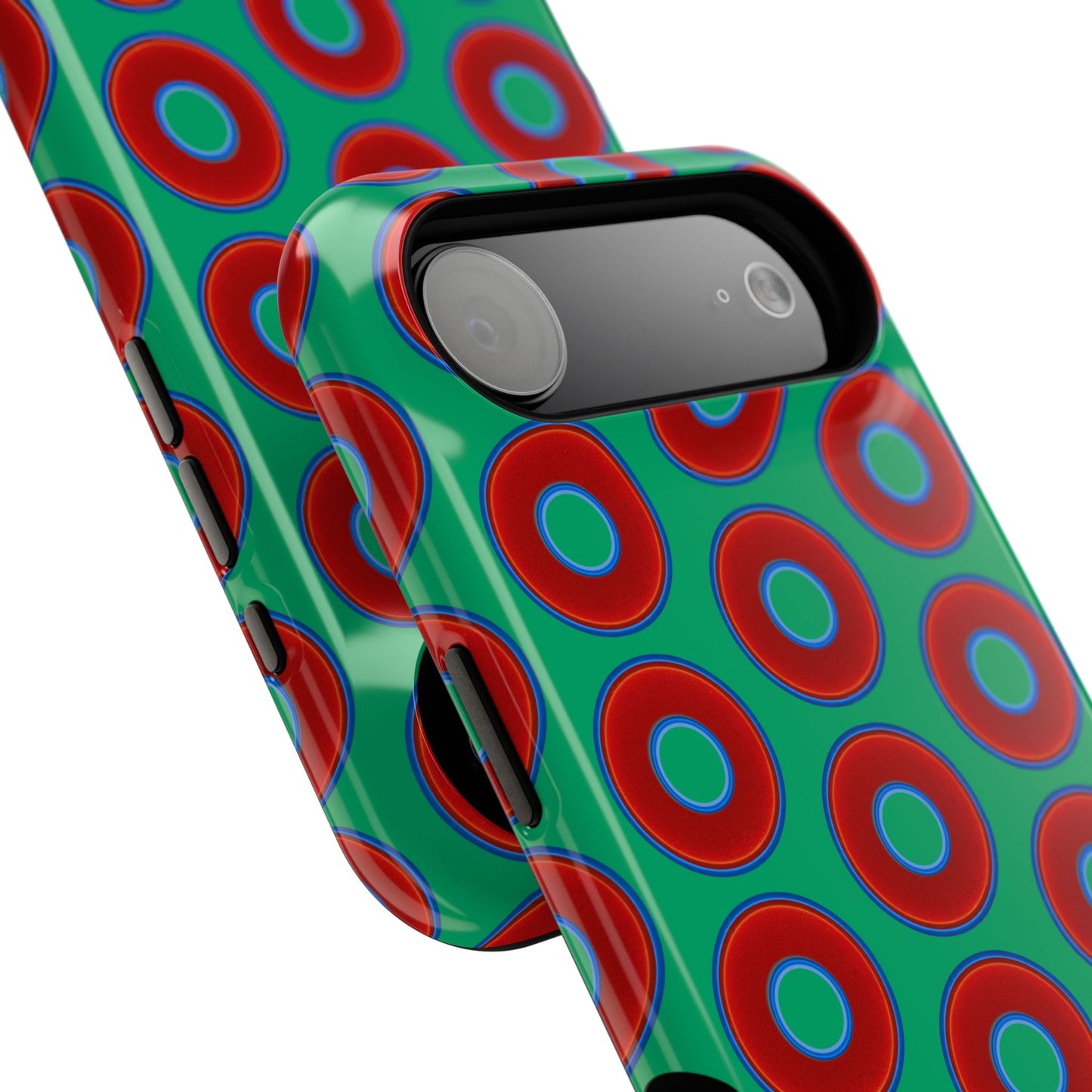 Impact-Resistant Lumpy Donut Case - red vivid donut print w/jade green background