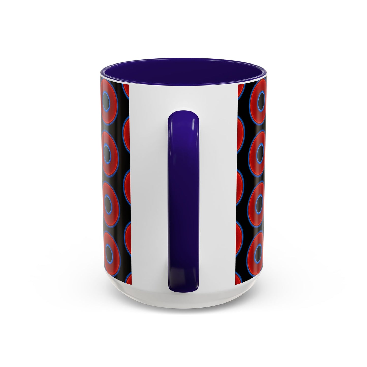 Lump's Grumpy Coffee Mug - vivid red donuts w/black background