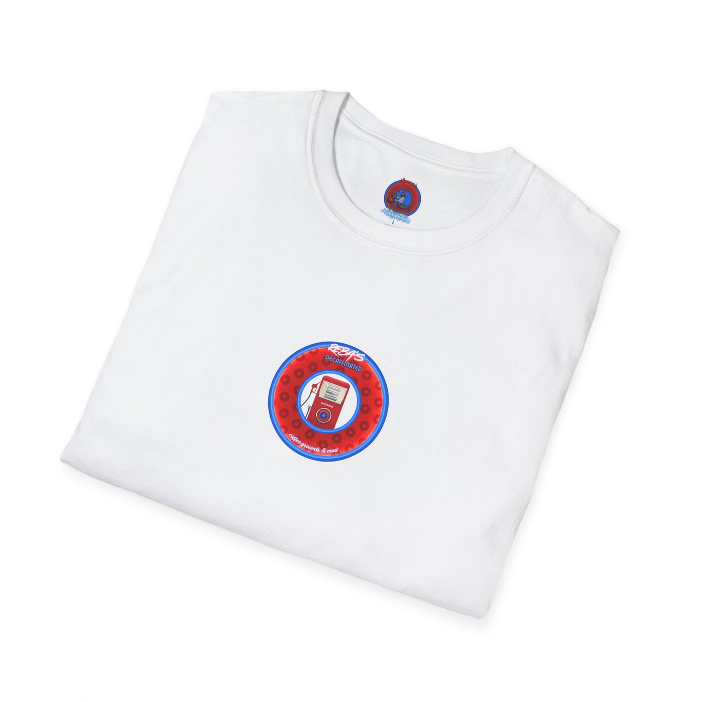 Coffee Traders Tee - Unisex Soft-Style - "Reba's Decaf: Coffee Grounds & Mud " - paradoxical donut - variant 3- front Reba/back logo