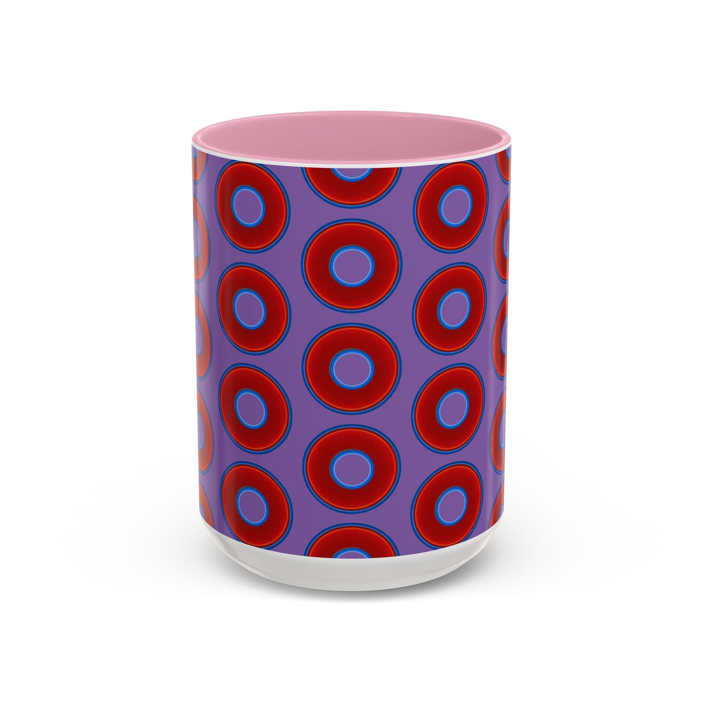 Lump's Grumpy Coffee Mug - vivid red donuts w/light purple background