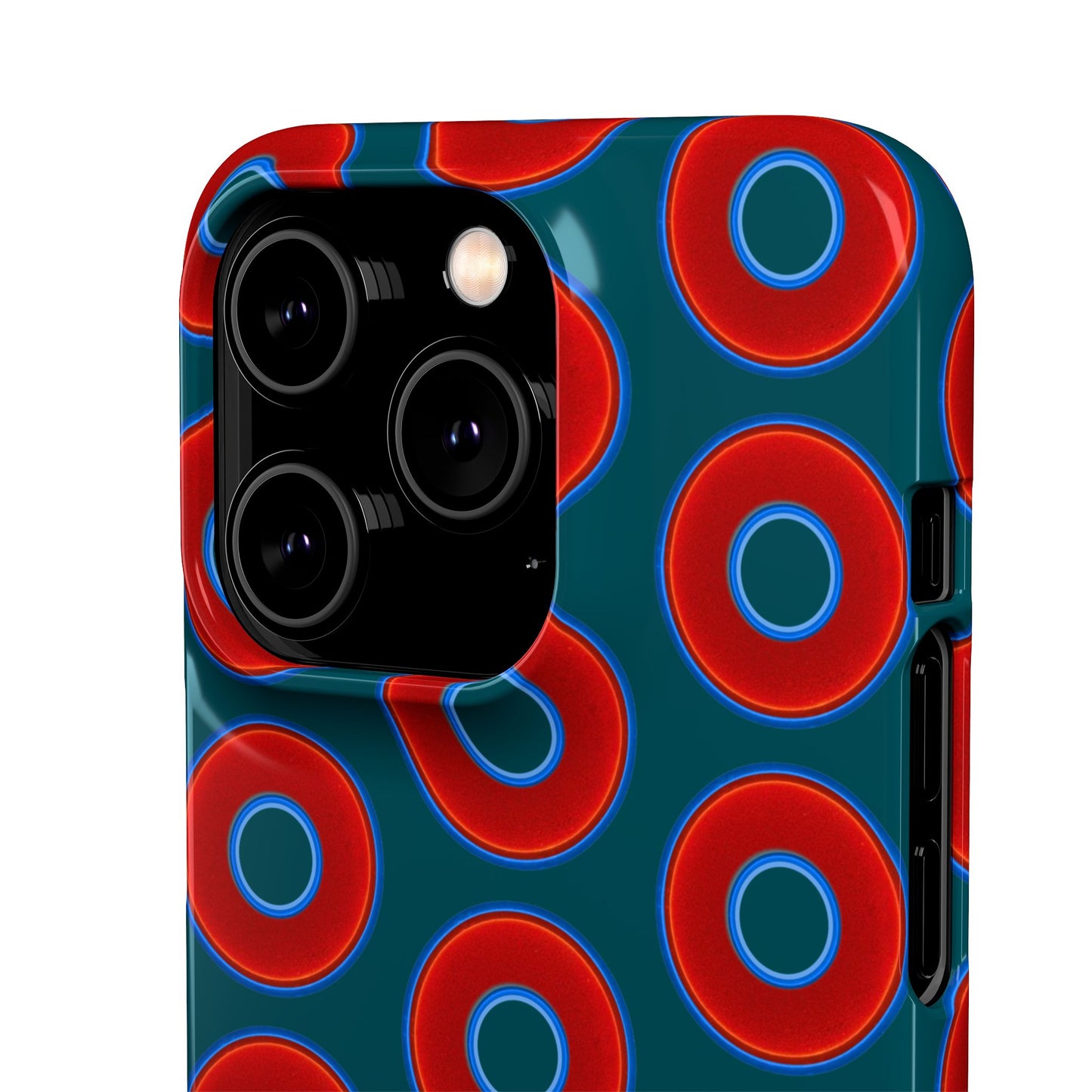Lumpy Donut Snap Case - red vivid donut print w/midnight teal green background