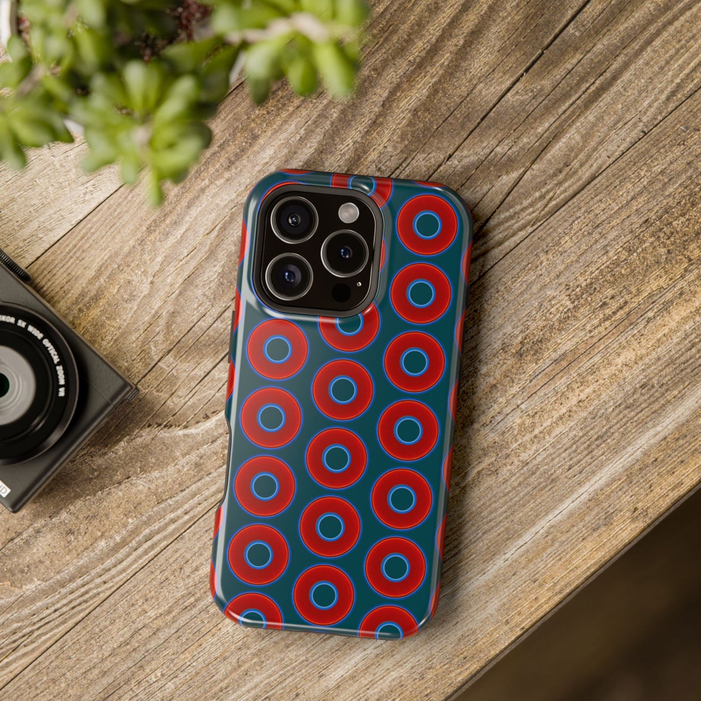 Magnetic Tough Donut Case - red vivid donut print w/midnight green background