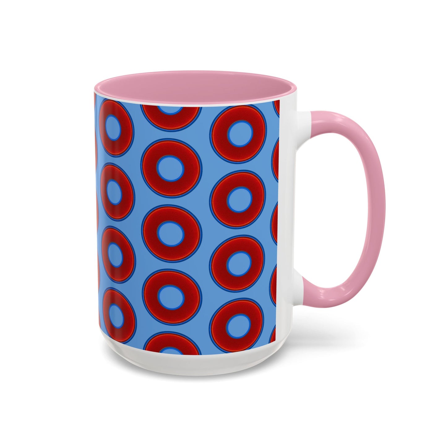 Lump's Grumpy Coffee Mug - vivid red donuts w/light blue background