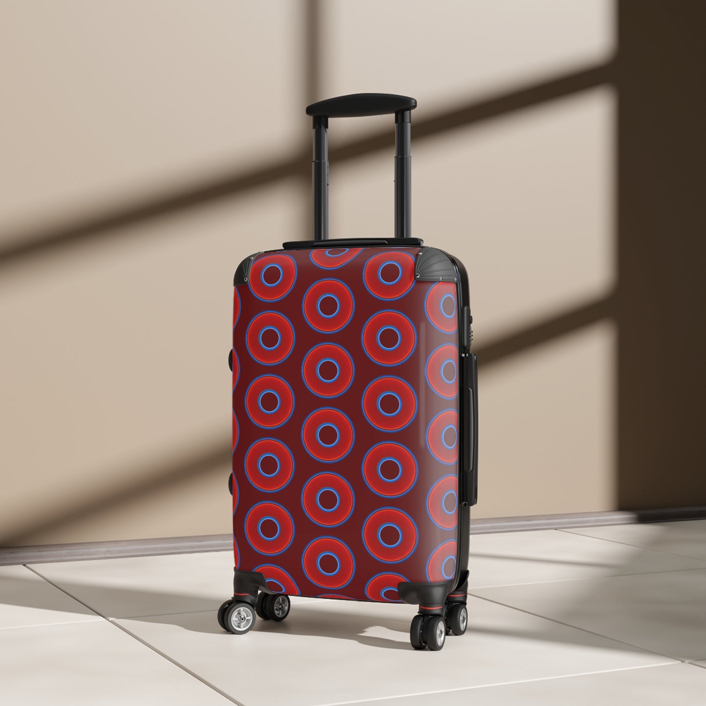 The Very Lumpy Donut Suitcase series - your choice of S, M or L - vivid red donut print w/dark red background