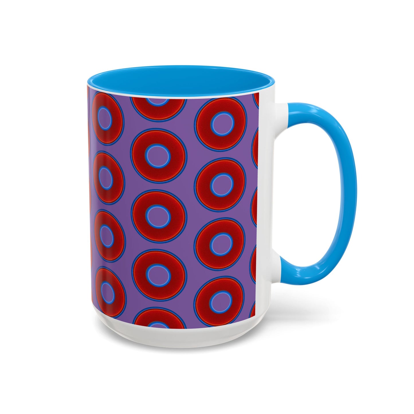 Lump's Grumpy Coffee Mug - vivid red donuts w/light purple background