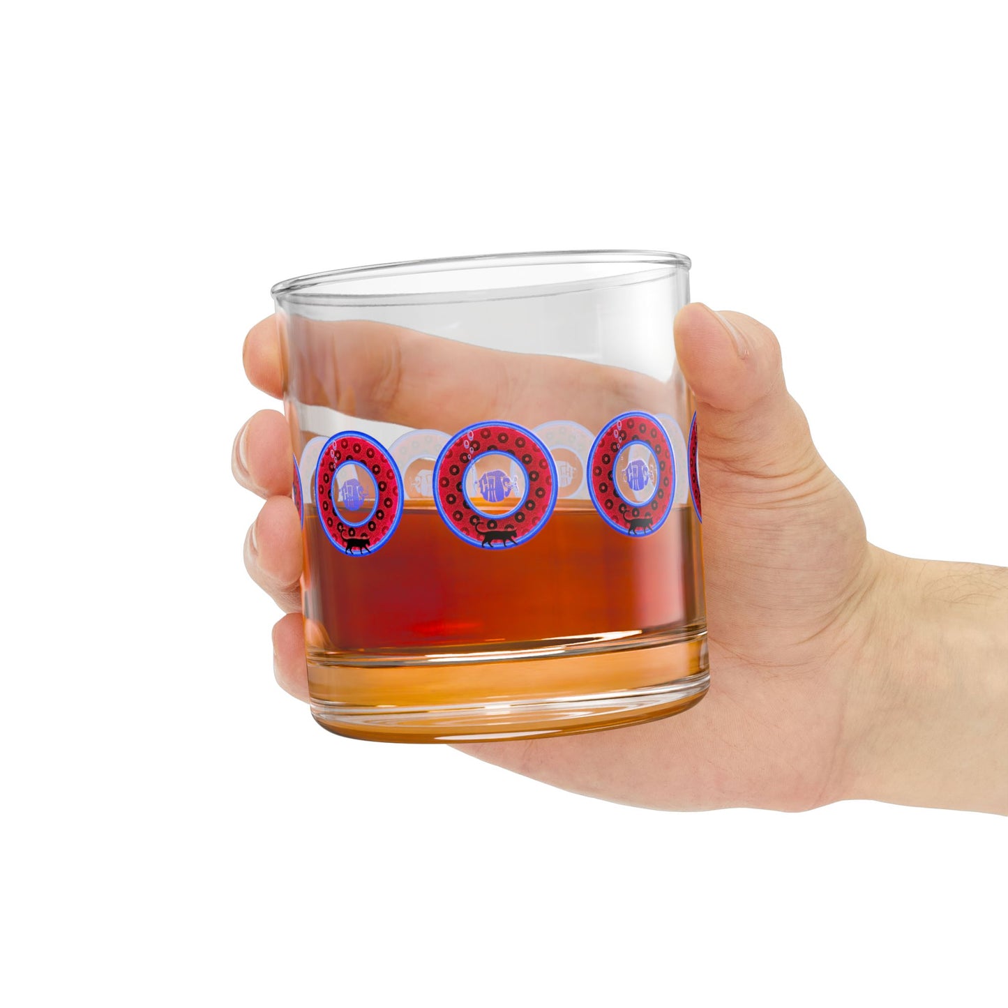 10oz Lumpy Rock Glass - "My Pet Cat Can Outdrink You" - red/light blue donuts