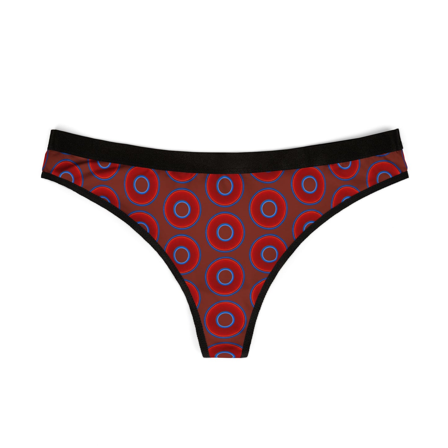 Lumpy Donut Thongs - red vivid donut print w/burnt umber background