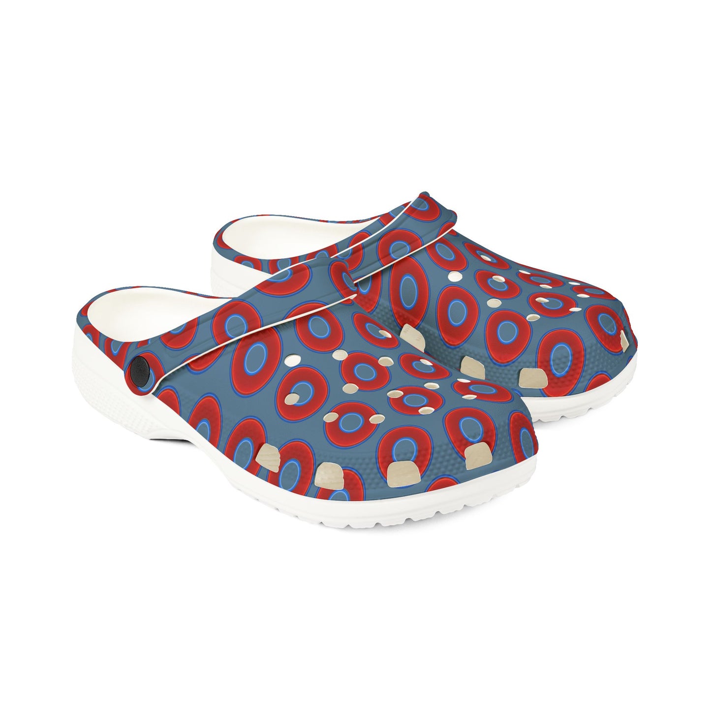 Spatchcocks - donut slip-on shoes - vivid red donuts w/steel blue background [unisex]