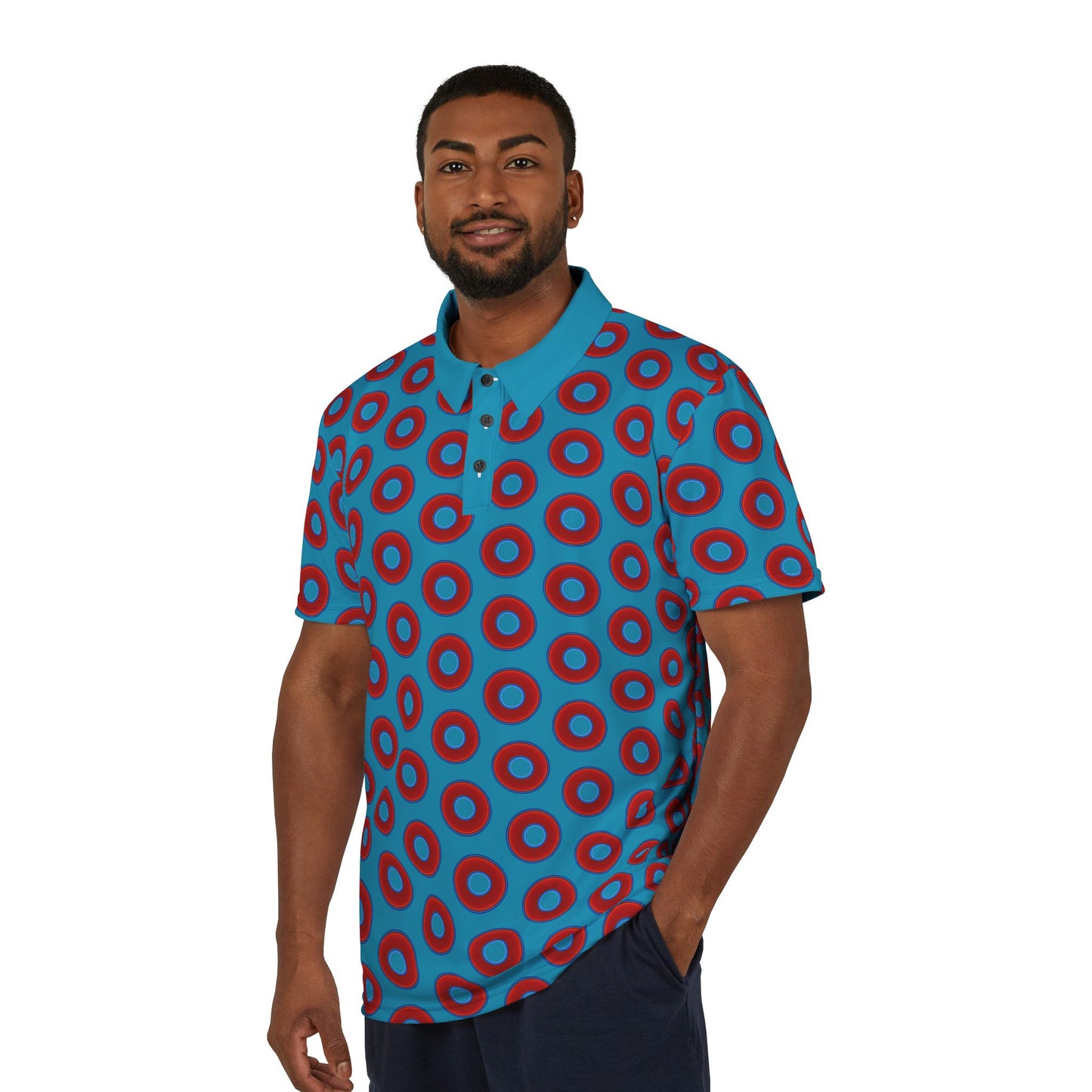 AOP Donut Polo - vivid donut print w/aquamarine blue background [unisex]
