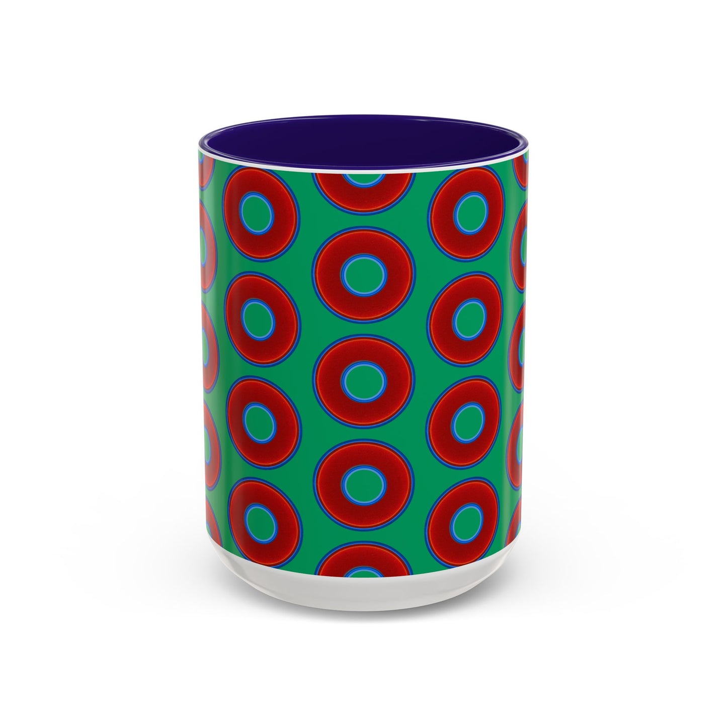 Lump's Grumpy Coffee Mug - vivid red donuts w/jade green background