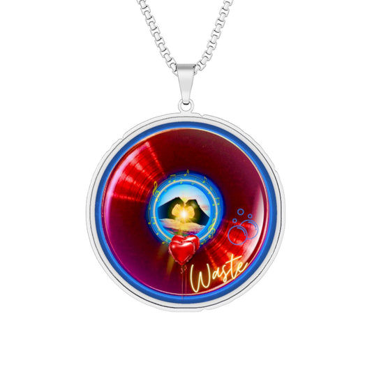 Lump's Heady Donut Necklace - 1" x 1" Stainless Steel Pendant - "The Wasted Donut Pendant" - vivid red/blue record donut