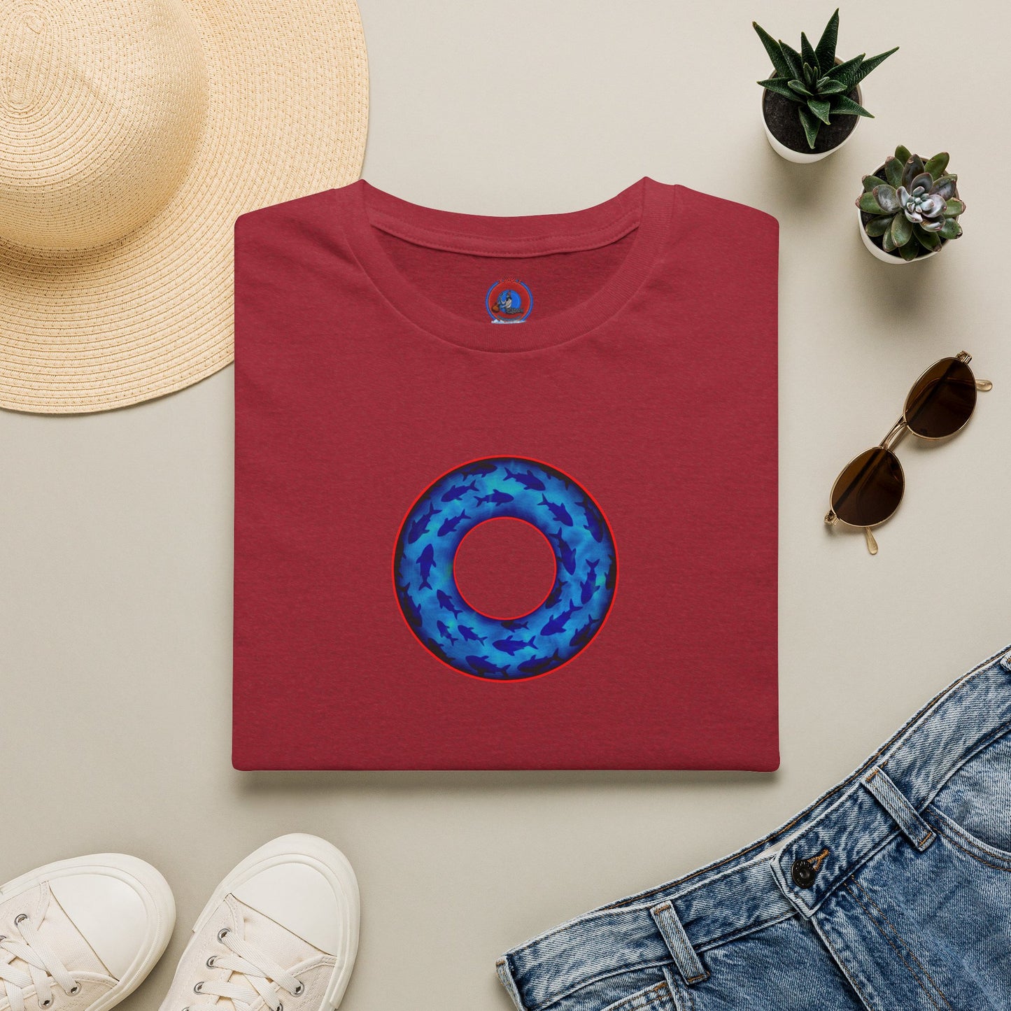 Classic Donut Tee - Unisex Soft-Style - "Skoolie of Phishies" - vivid sea donut - w/darker blue water - variant 2